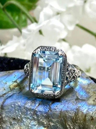 Natural Topaz Art Nouveau Ring, Sky Blue Topaz Gemstone, Vintage Style Jewelry, Design#D64