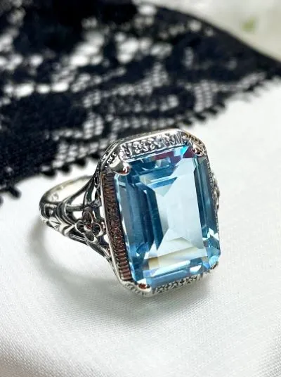 Natural Topaz Art Nouveau Ring, Sky Blue Topaz Gemstone, Vintage Style Jewelry, Design#D64