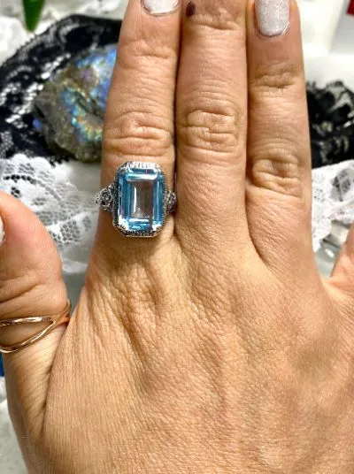 Natural Topaz Art Nouveau Ring, Sky Blue Topaz Gemstone, Vintage Style Jewelry, Design#D64