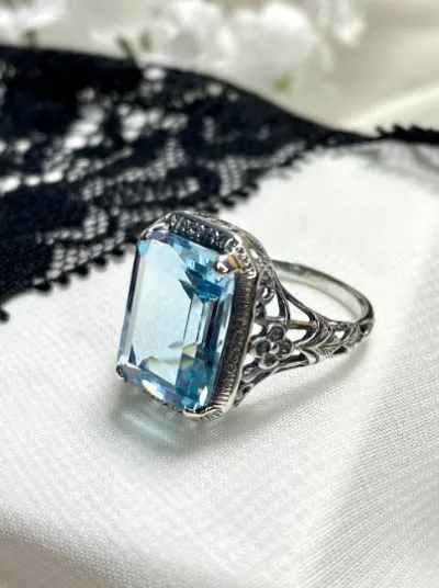 Natural Topaz Art Nouveau Ring, Sky Blue Topaz Gemstone, Vintage Style Jewelry, Design#D64