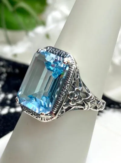 Natural Topaz Art Nouveau Ring, Sky Blue Topaz Gemstone, Vintage Style Jewelry, Design#D64
