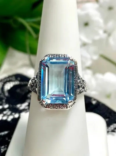 Natural Topaz Art Nouveau Ring, Sky Blue Topaz Gemstone, Vintage Style Jewelry, Design#D64