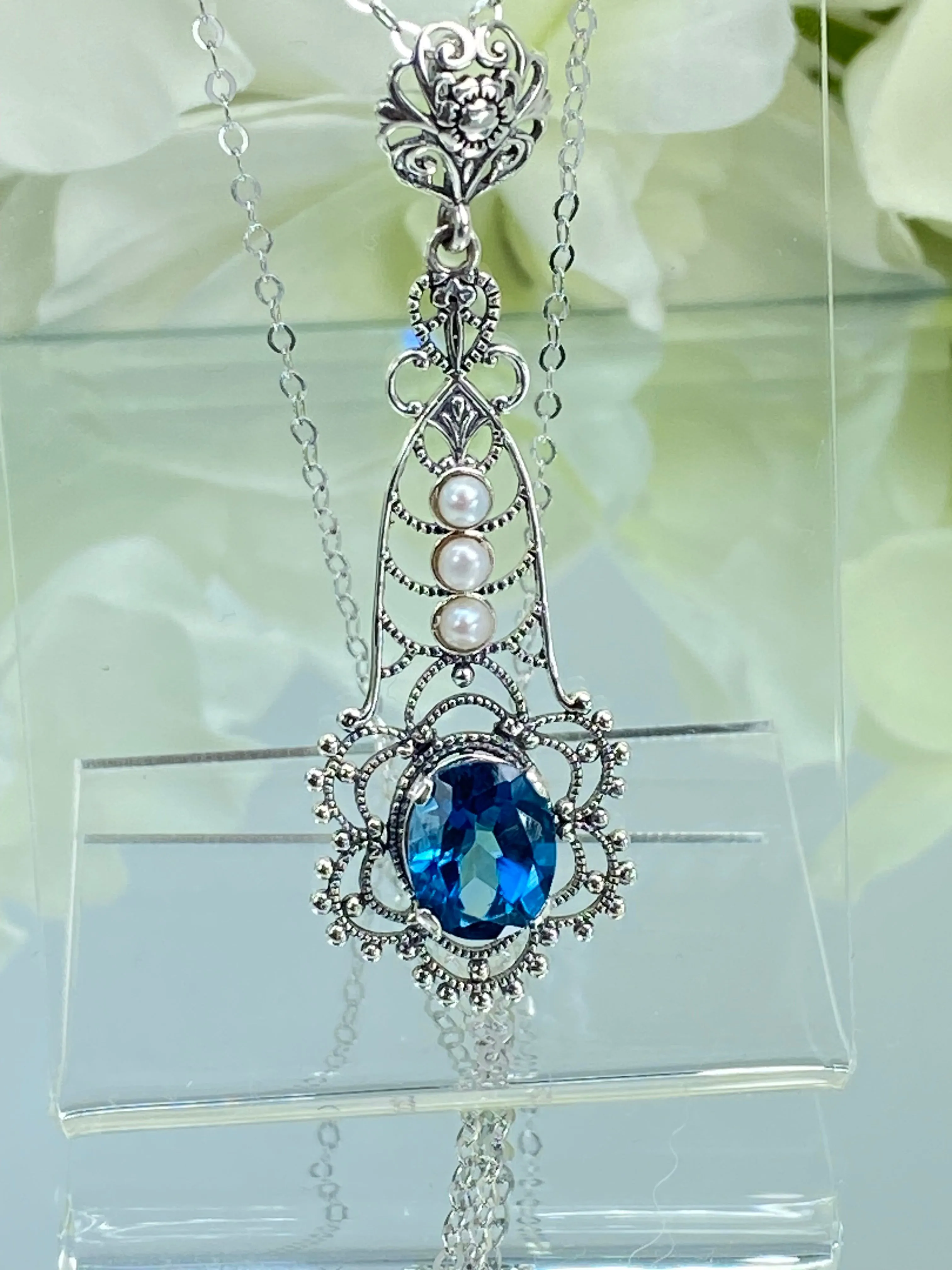 Natural Topaz Pendant, Natural London Blue Lavaliere Necklace #P17