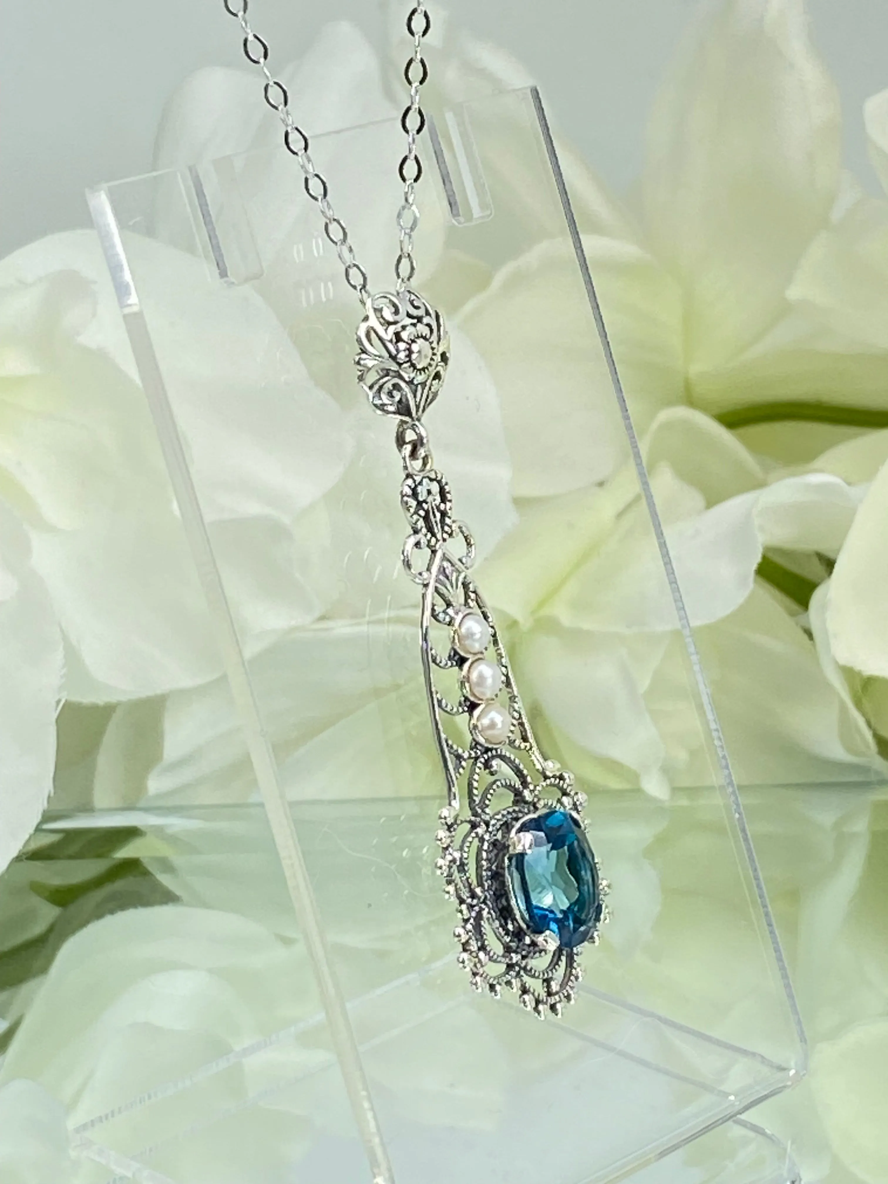 Natural Topaz Pendant, Natural London Blue Lavaliere Necklace #P17