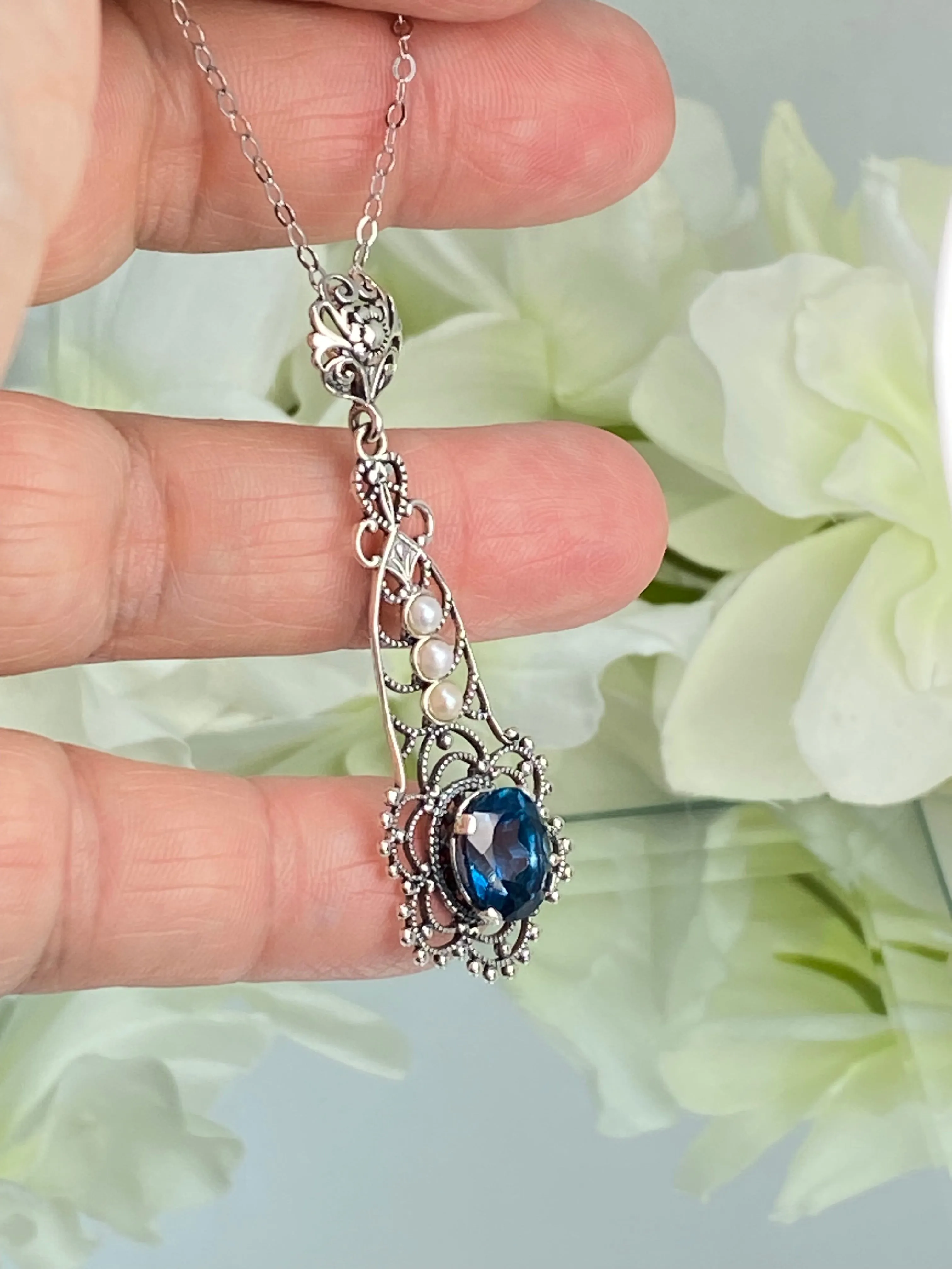 Natural Topaz Pendant, Natural London Blue Lavaliere Necklace #P17