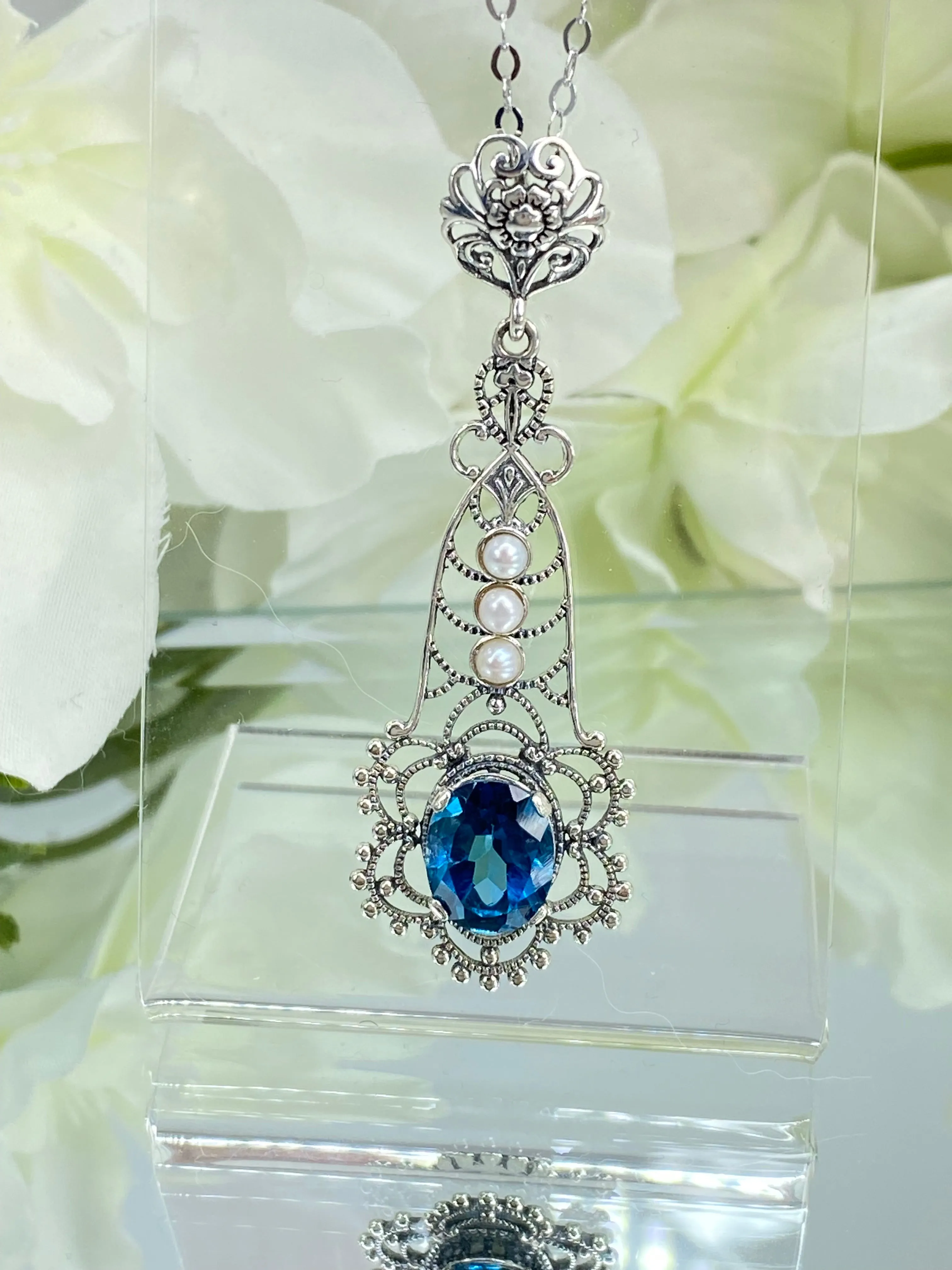 Natural Topaz Pendant, Natural London Blue Lavaliere Necklace #P17