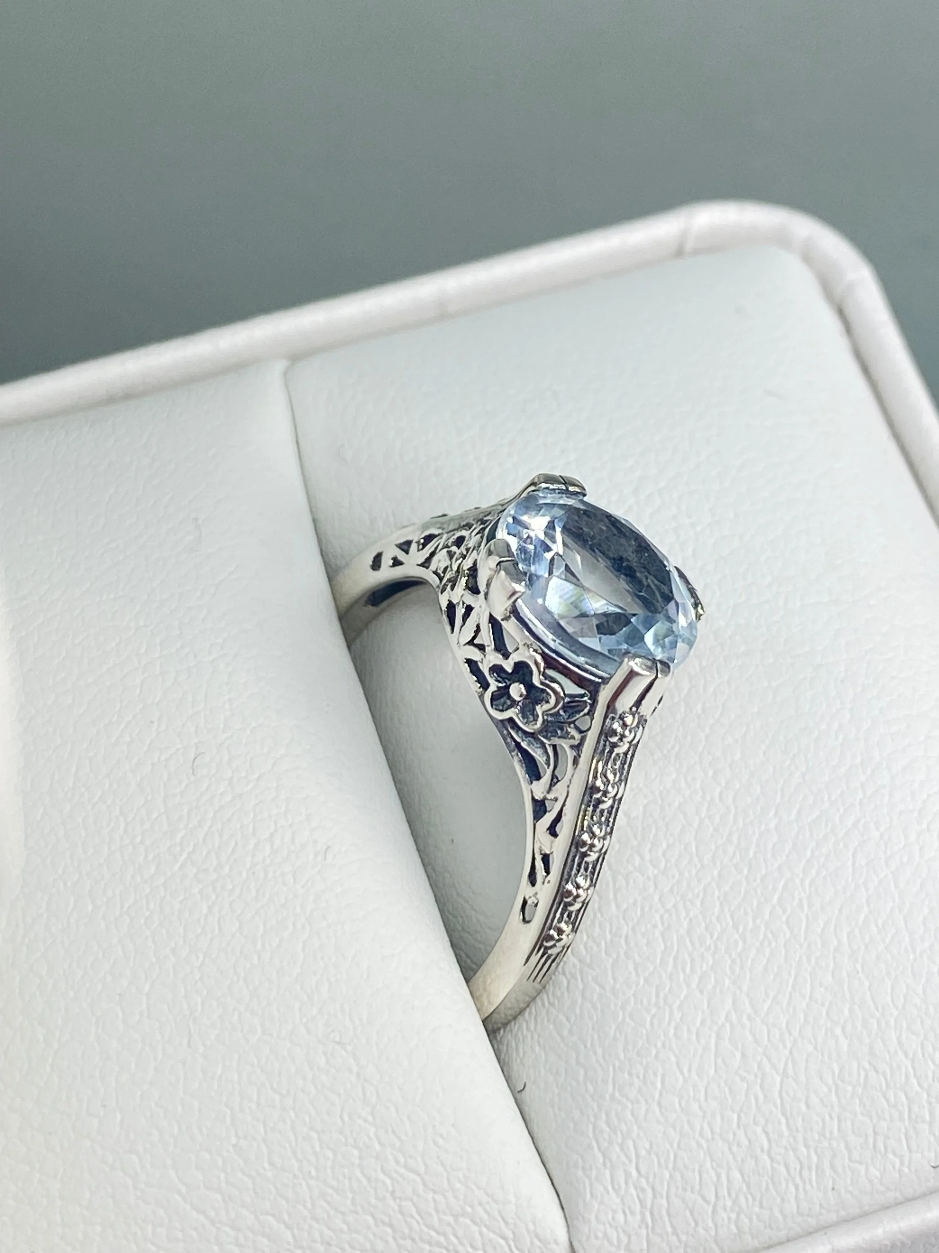 Natural White Topaz Flower Ring, Size 7.5, Round Gem, Vintage Style Jewelry, D27 - Ready to Ship