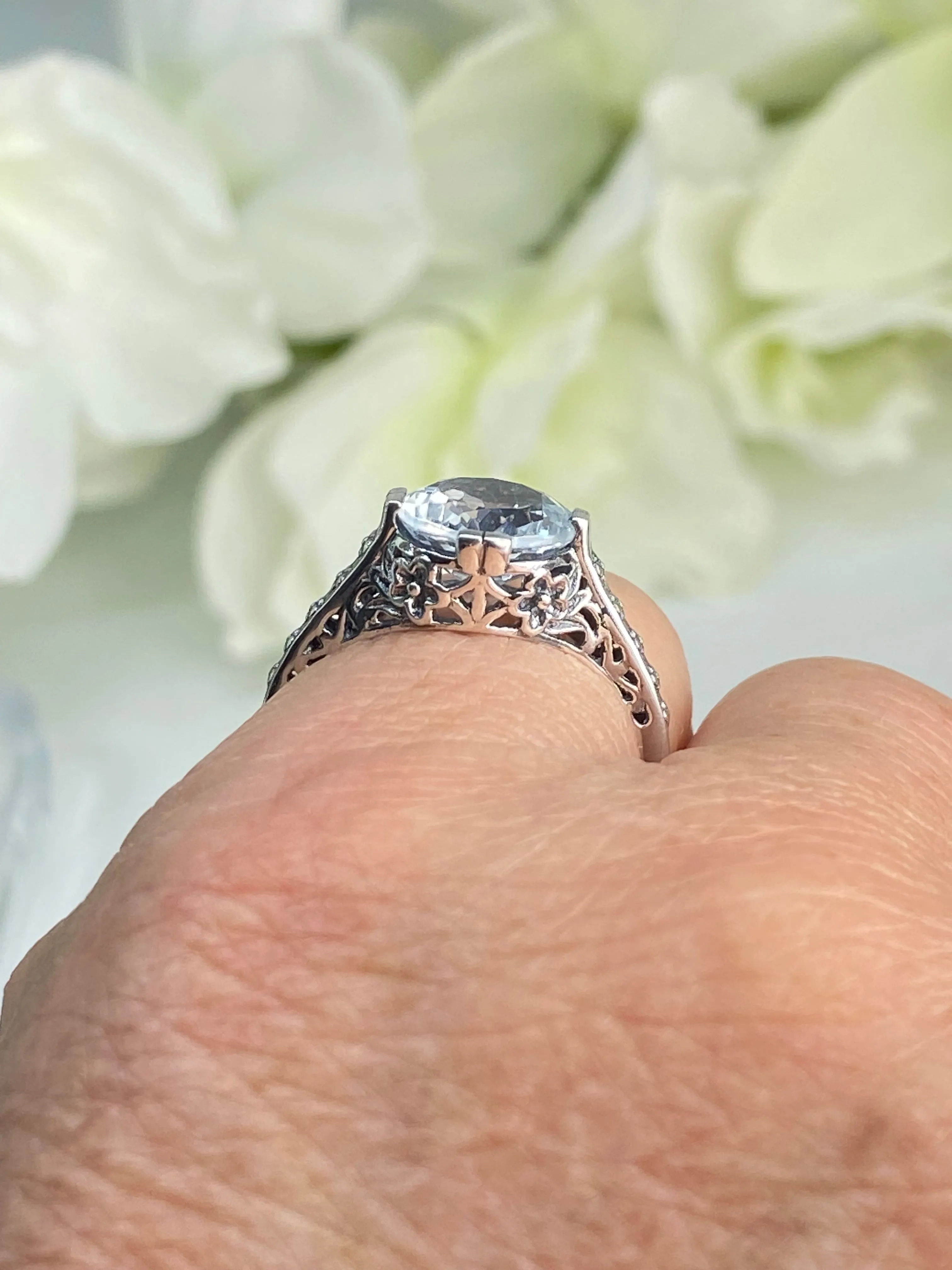 Natural White Topaz Flower Ring, Size 7.5, Round Gem, Vintage Style Jewelry, D27 - Ready to Ship