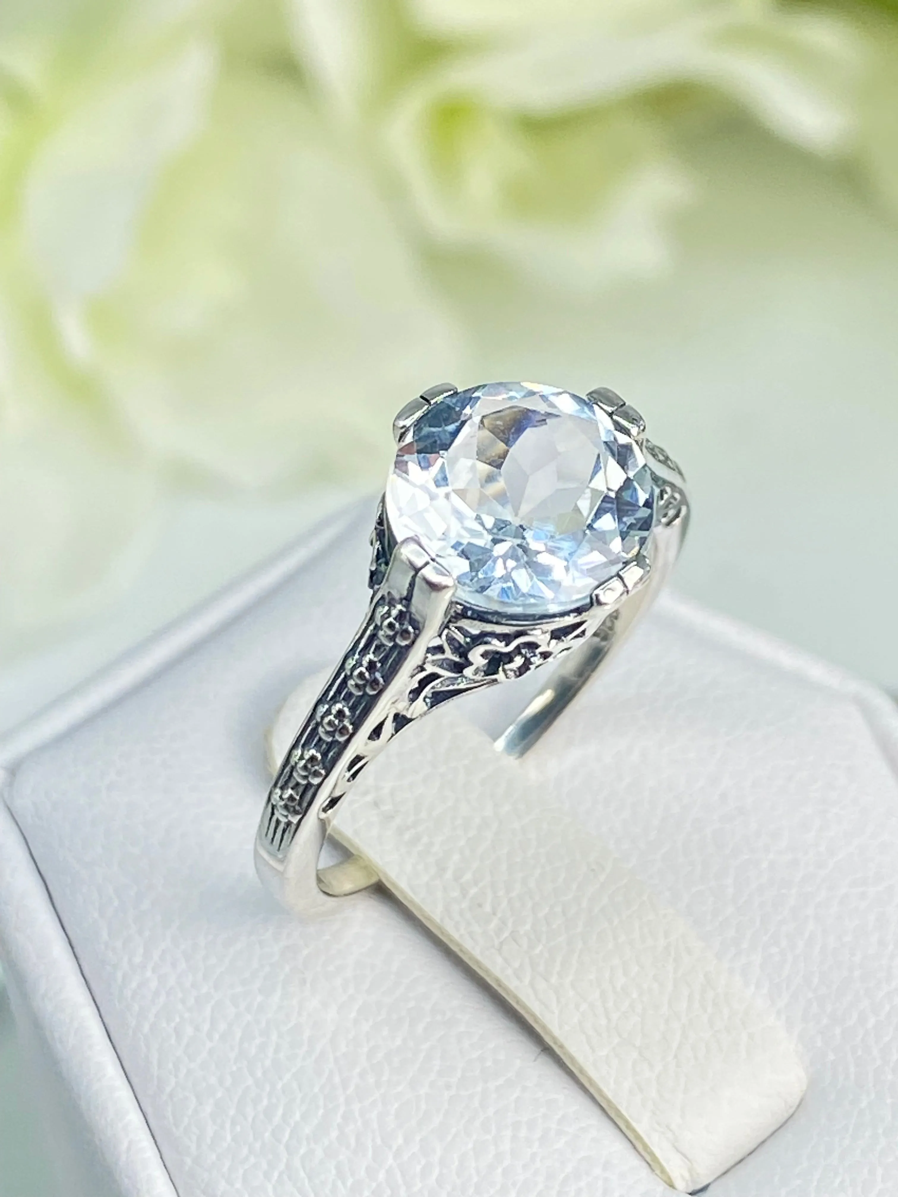 Natural White Topaz Flower Ring, Size 7.5, Round Gem, Vintage Style Jewelry, D27 - Ready to Ship