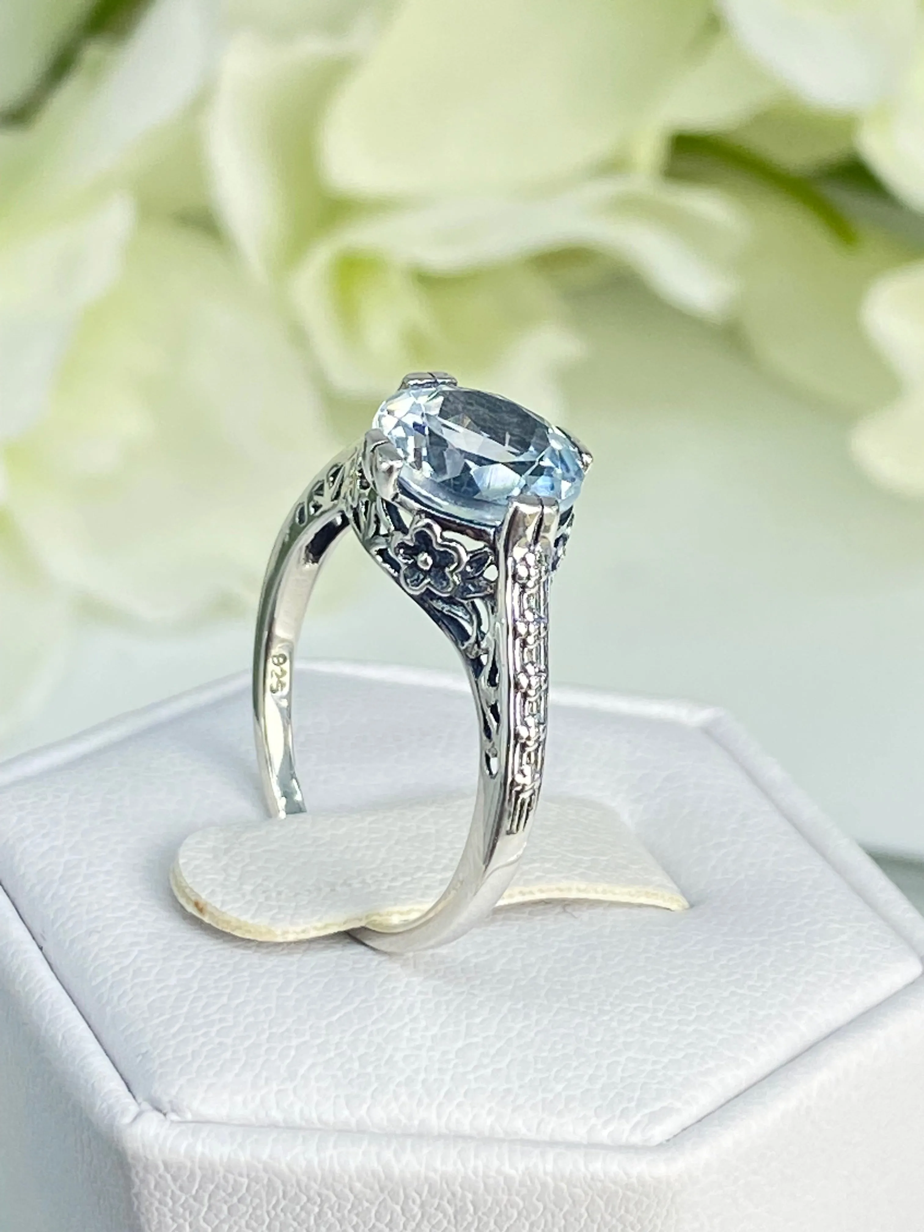Natural White Topaz Flower Ring, Size 7.5, Round Gem, Vintage Style Jewelry, D27 - Ready to Ship