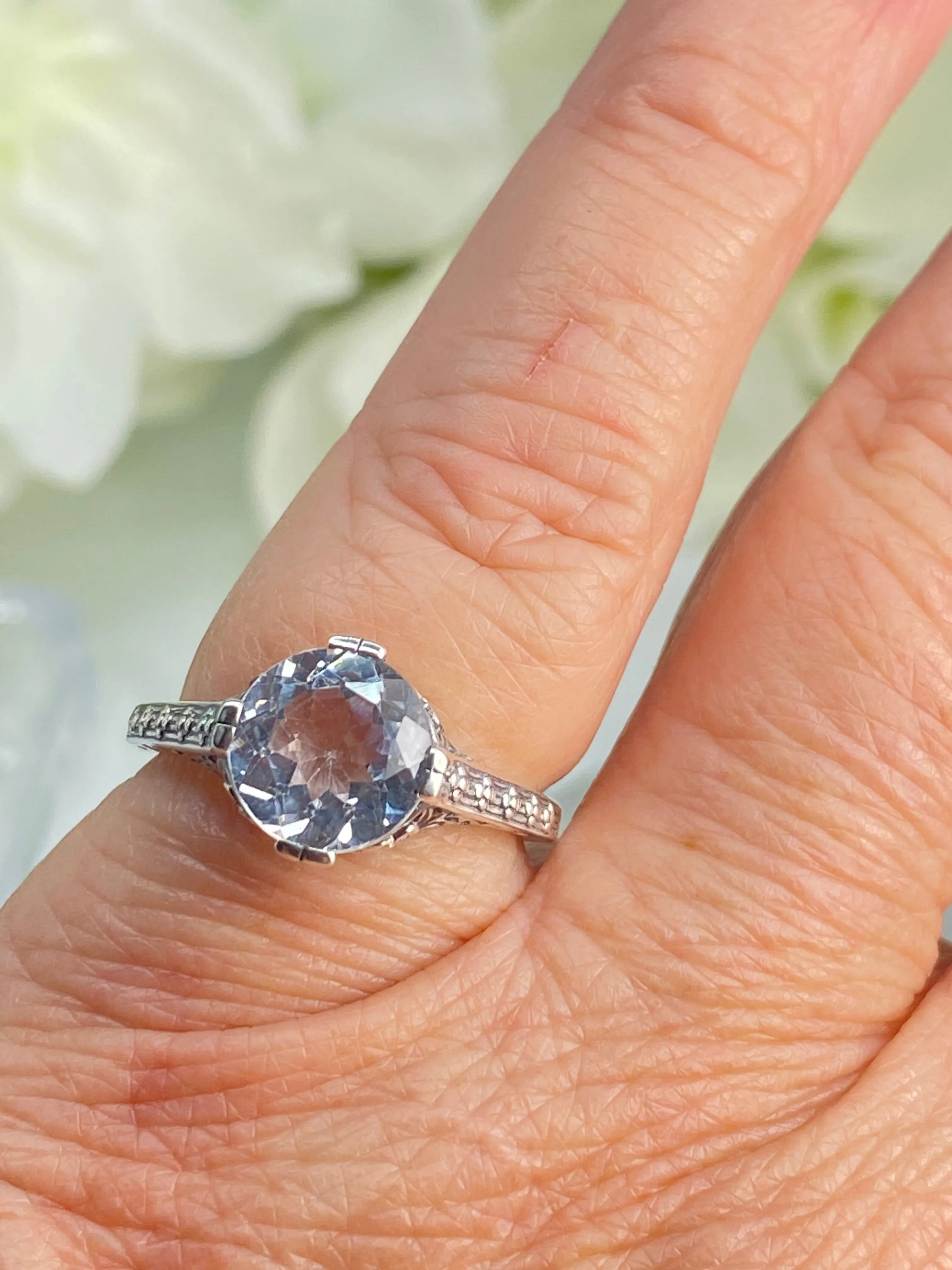 Natural White Topaz Flower Ring, Size 7.5, Round Gem, Vintage Style Jewelry, D27 - Ready to Ship