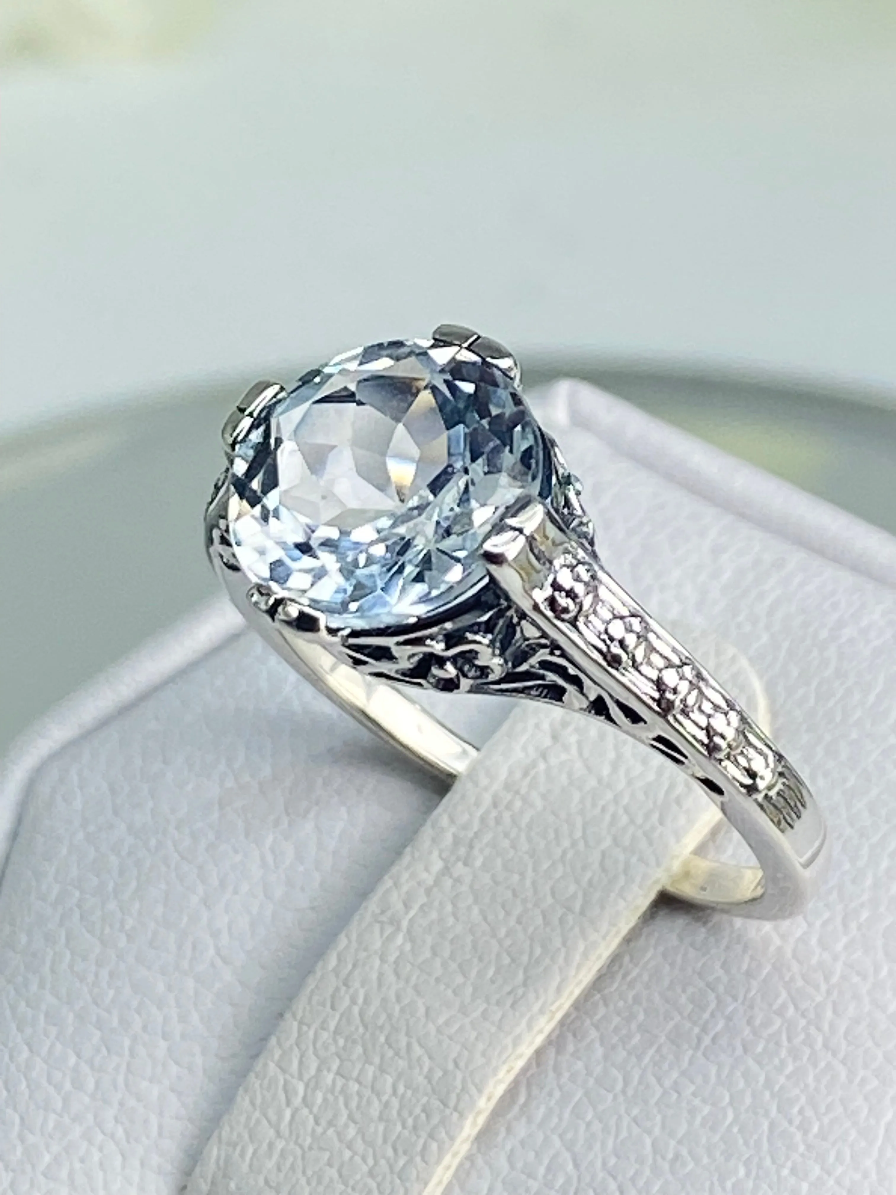 Natural White Topaz Flower Ring, Size 7.5, Round Gem, Vintage Style Jewelry, D27 - Ready to Ship