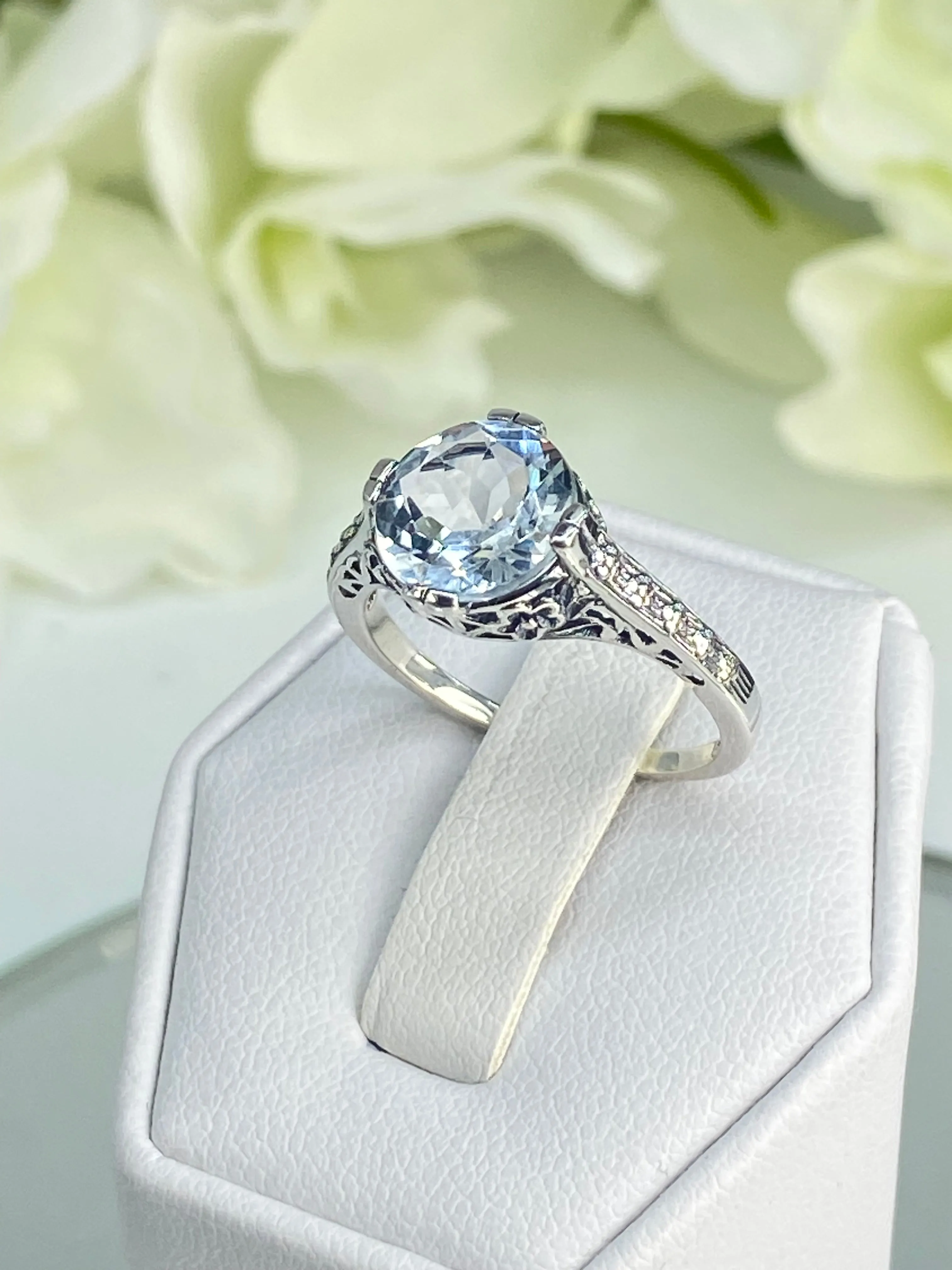 Natural White Topaz Flower Ring, Size 7.5, Round Gem, Vintage Style Jewelry, D27 - Ready to Ship