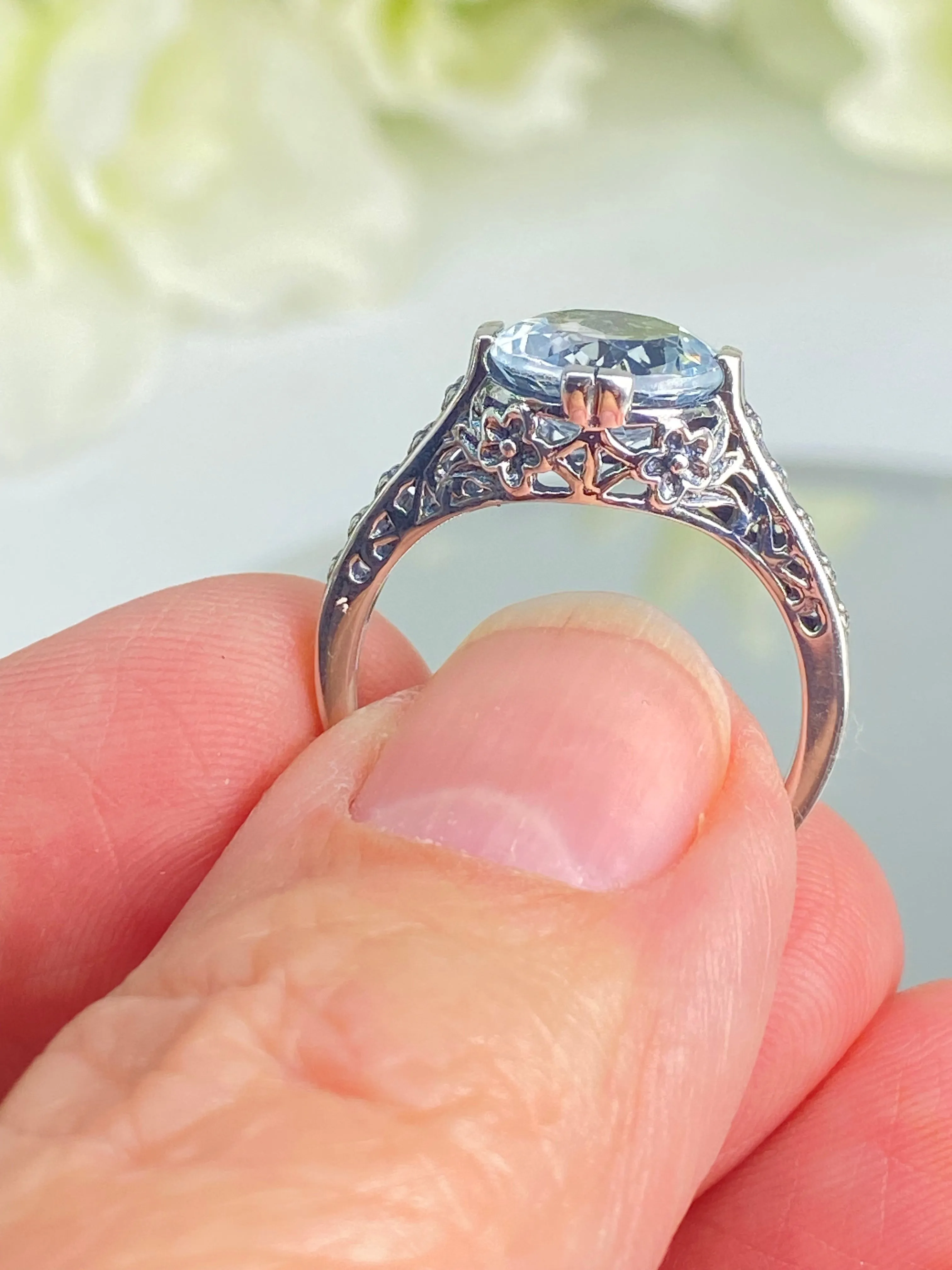 Natural White Topaz Flower Ring, Size 7.5, Round Gem, Vintage Style Jewelry, D27 - Ready to Ship