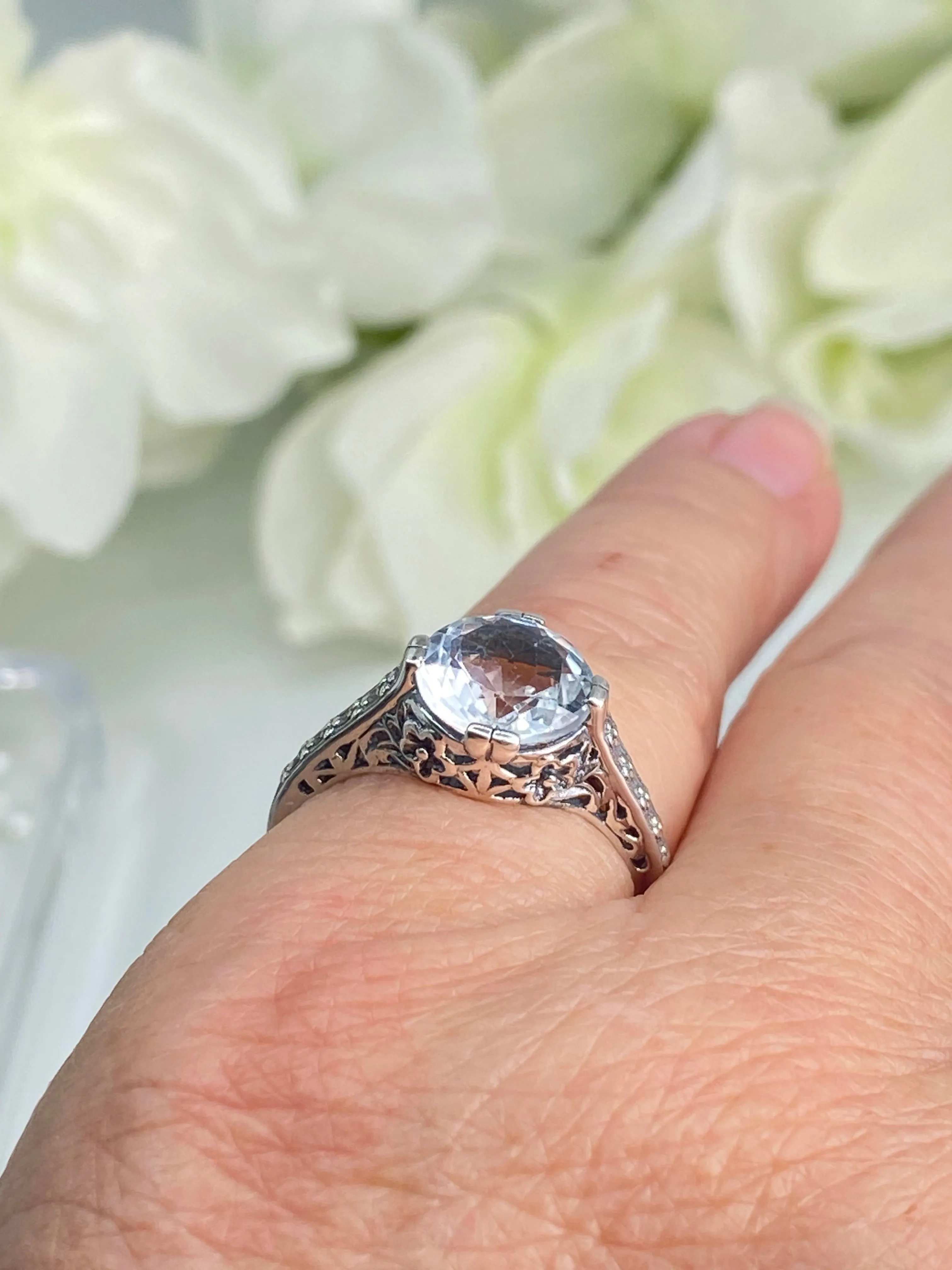 Natural White Topaz Flower Ring, Size 7.5, Round Gem, Vintage Style Jewelry, D27 - Ready to Ship