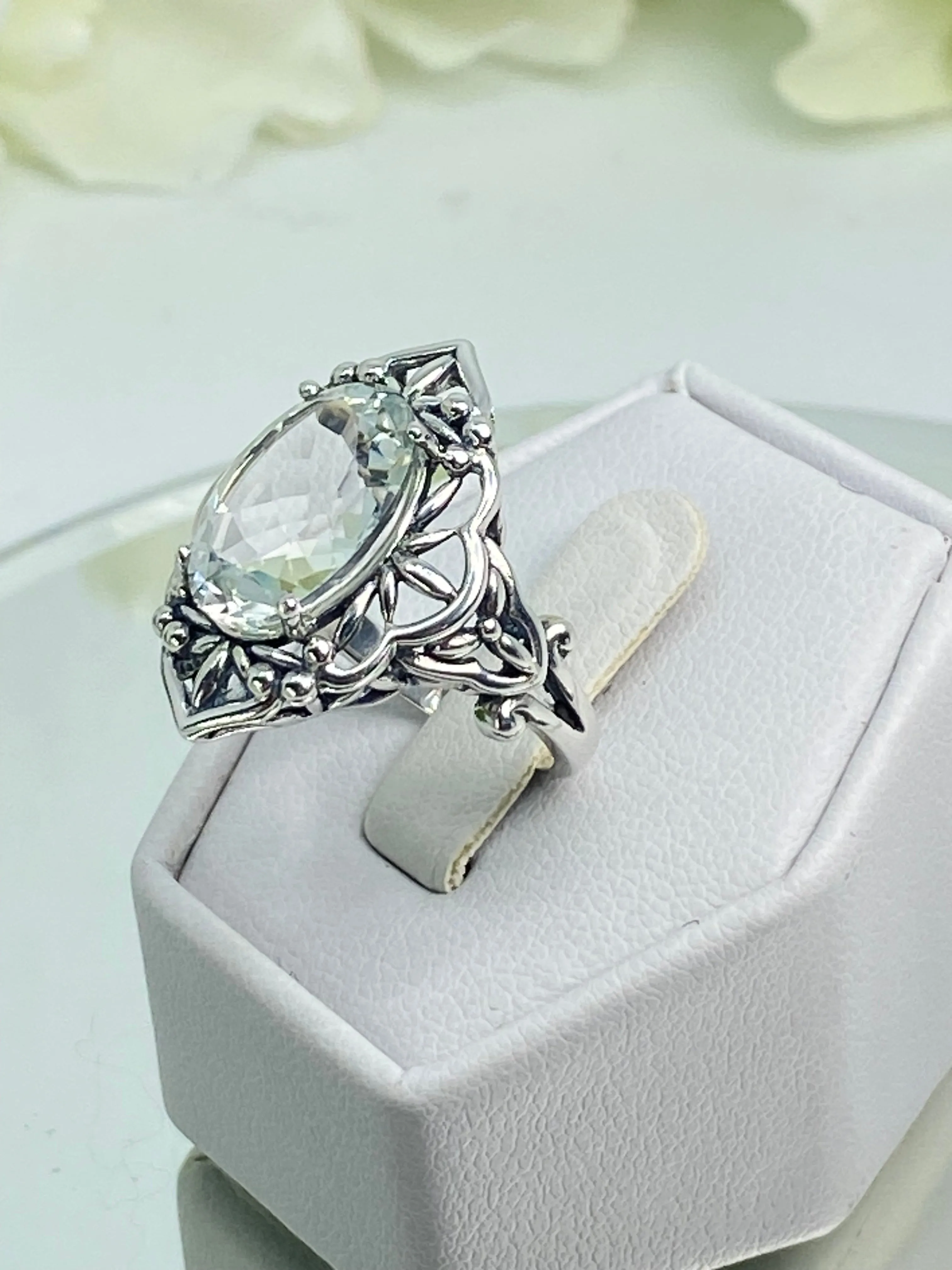 Natural White Topaz Ring, Gothic Filigree Ring - Vintage Style Ring D98