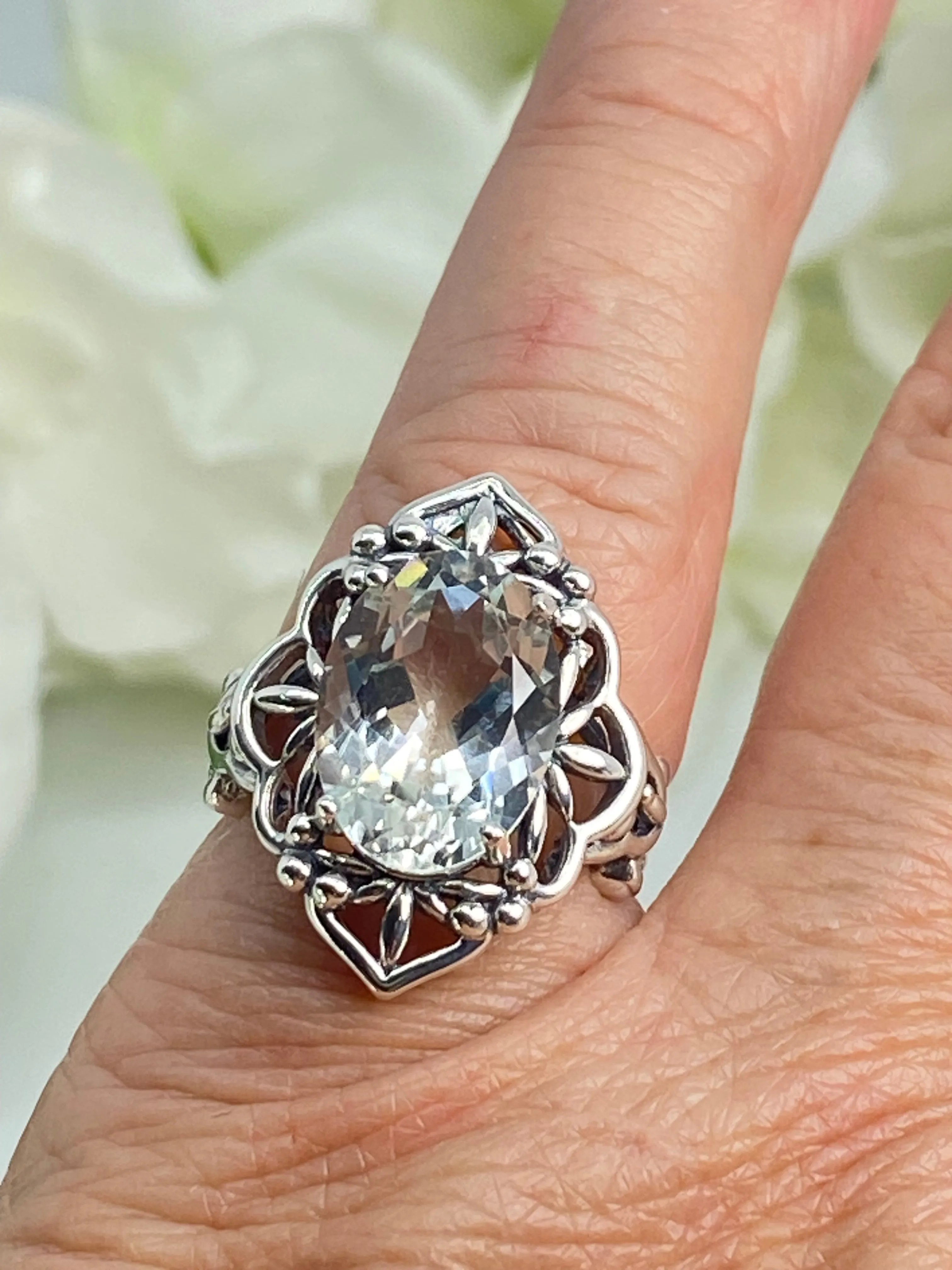 Natural White Topaz Ring, Gothic Filigree Ring - Vintage Style Ring D98