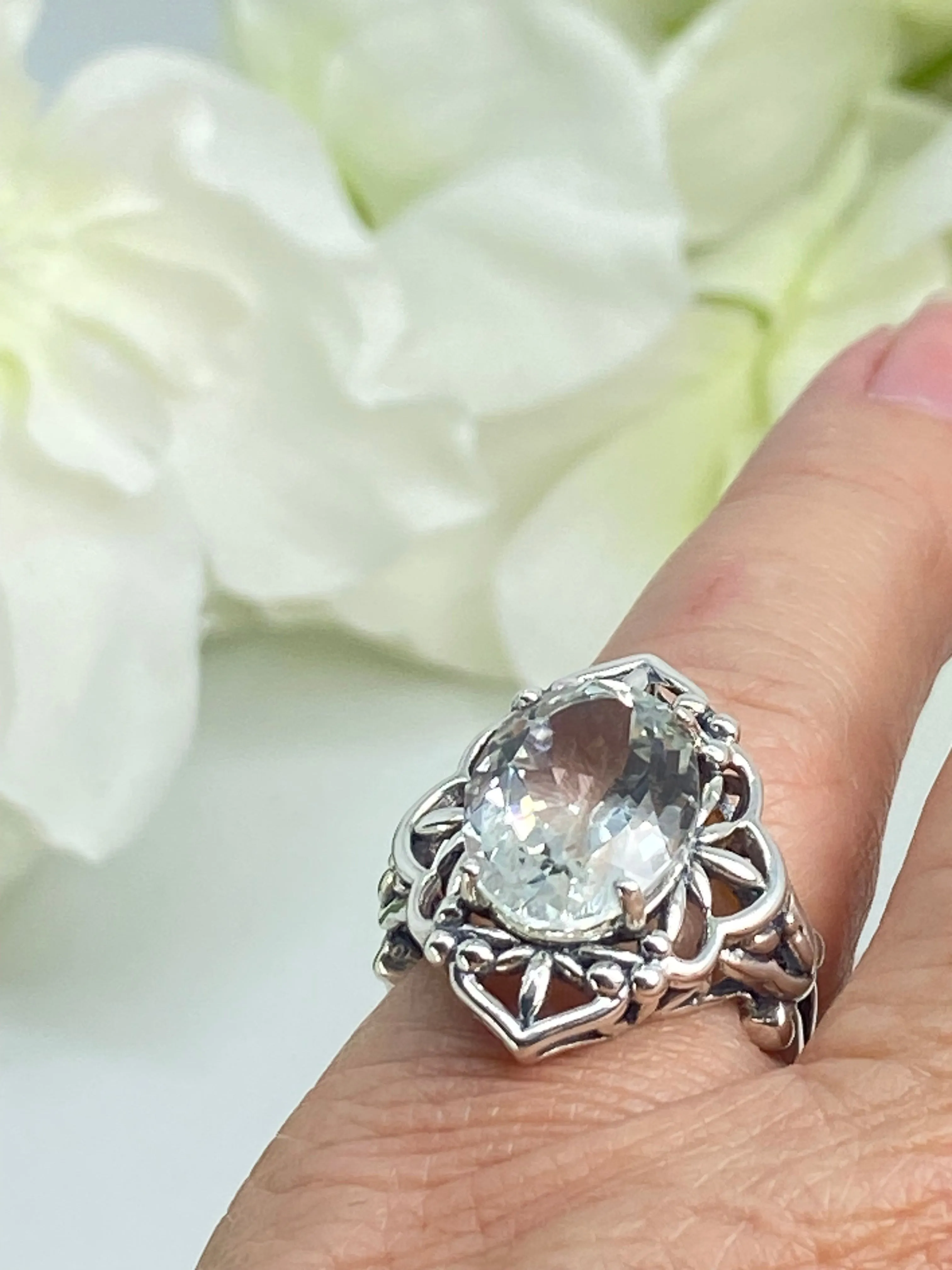 Natural White Topaz Ring, Gothic Filigree Ring - Vintage Style Ring D98