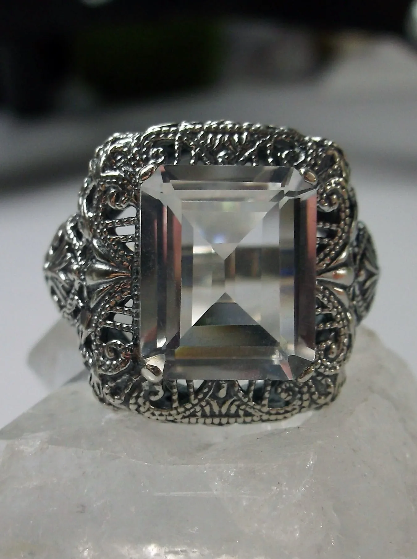 Natural White Topaz Ring, Intricate Victorian Jewelry #D149
