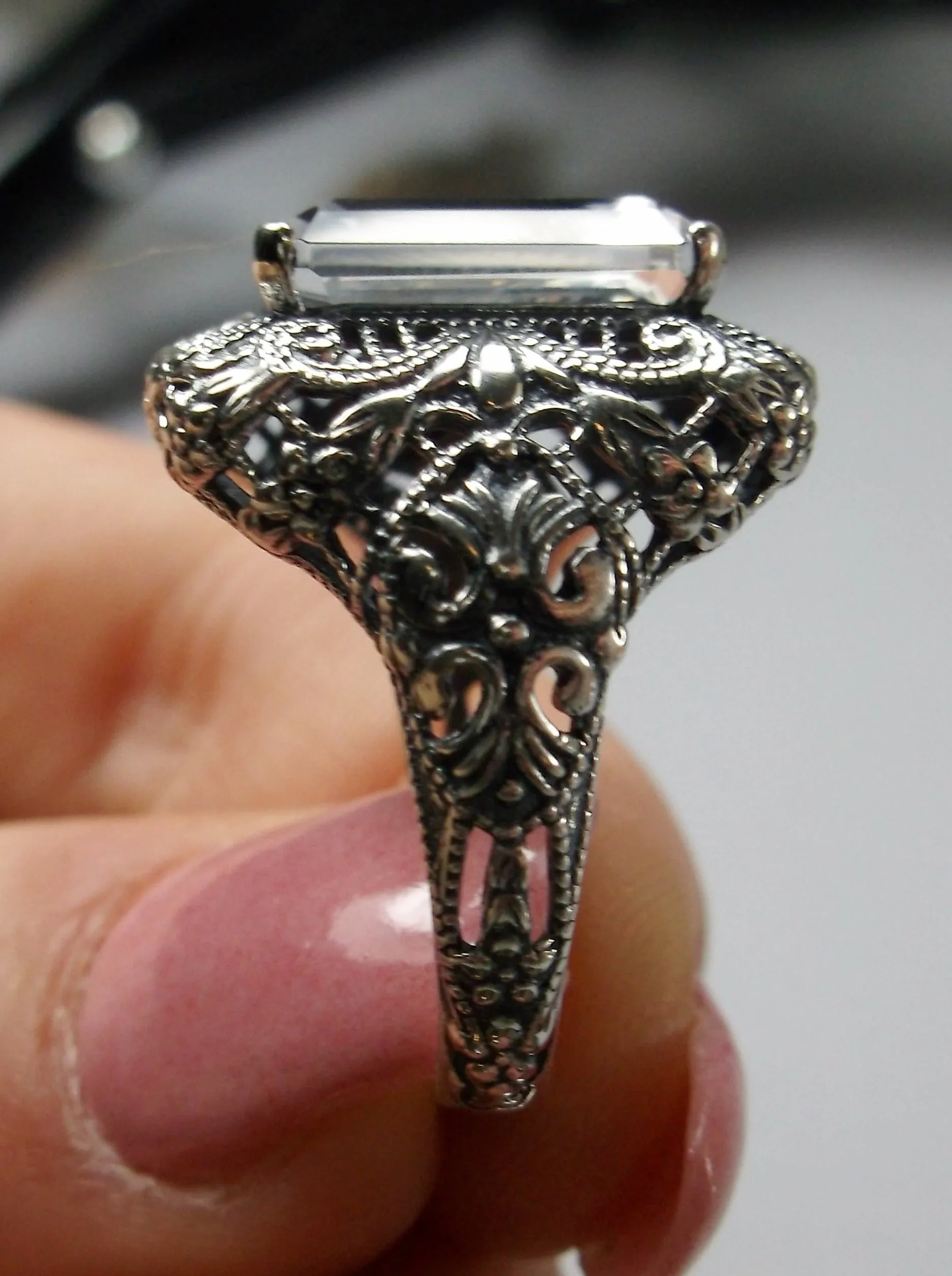 Natural White Topaz Ring, Intricate Victorian Jewelry #D149