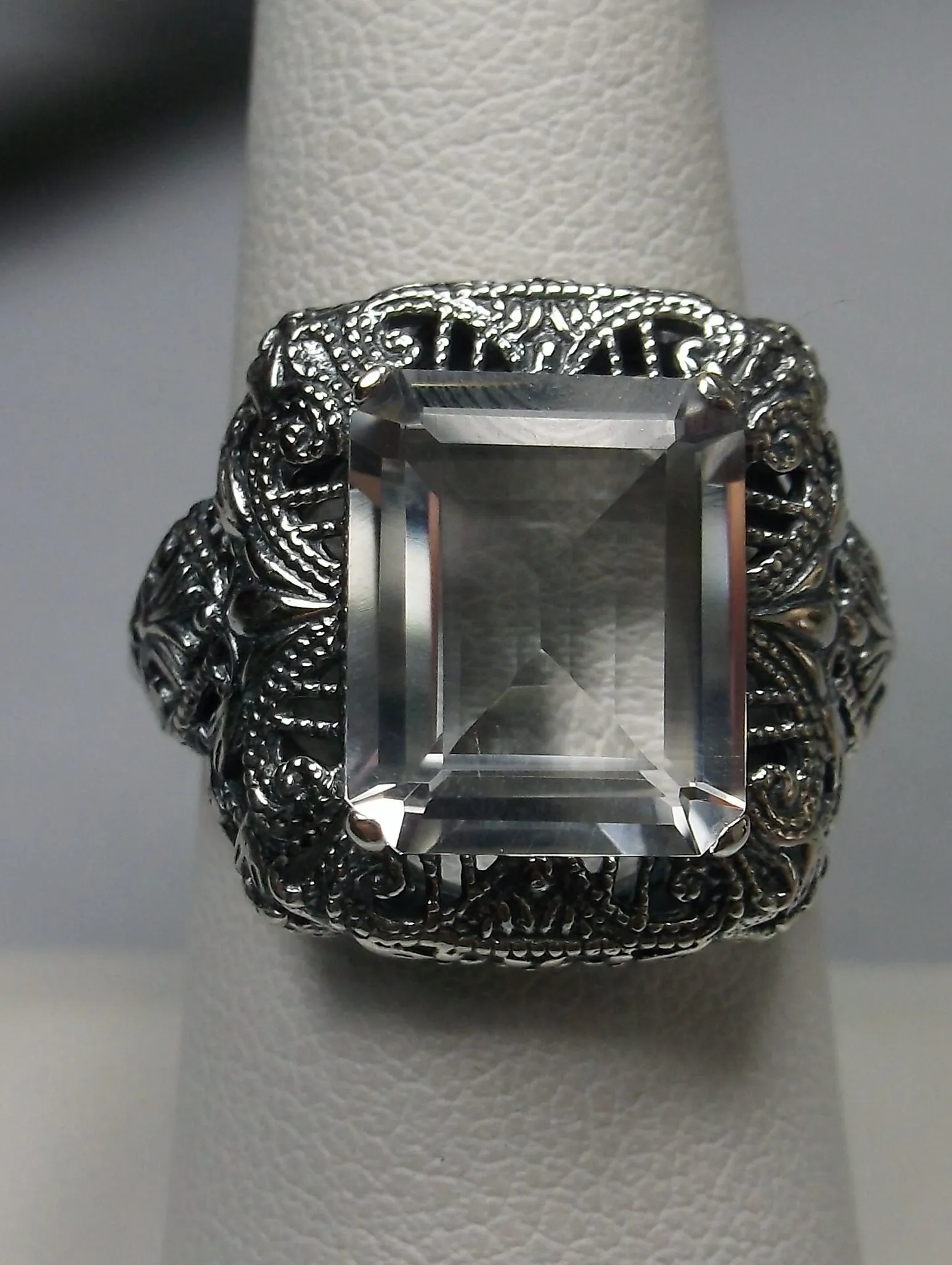 Natural White Topaz Ring, Intricate Victorian Jewelry #D149