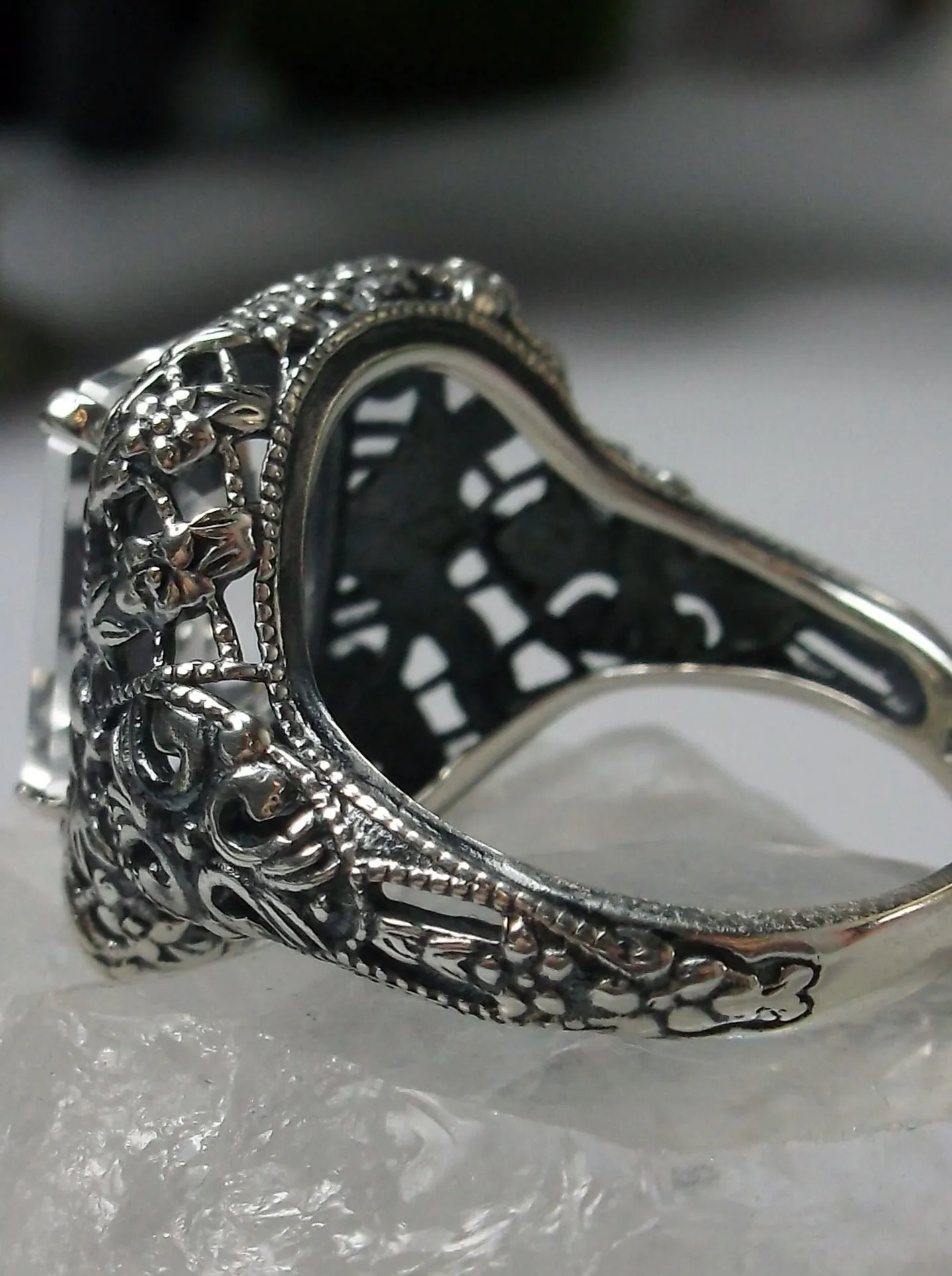 Natural White Topaz Ring, Intricate Victorian Jewelry #D149
