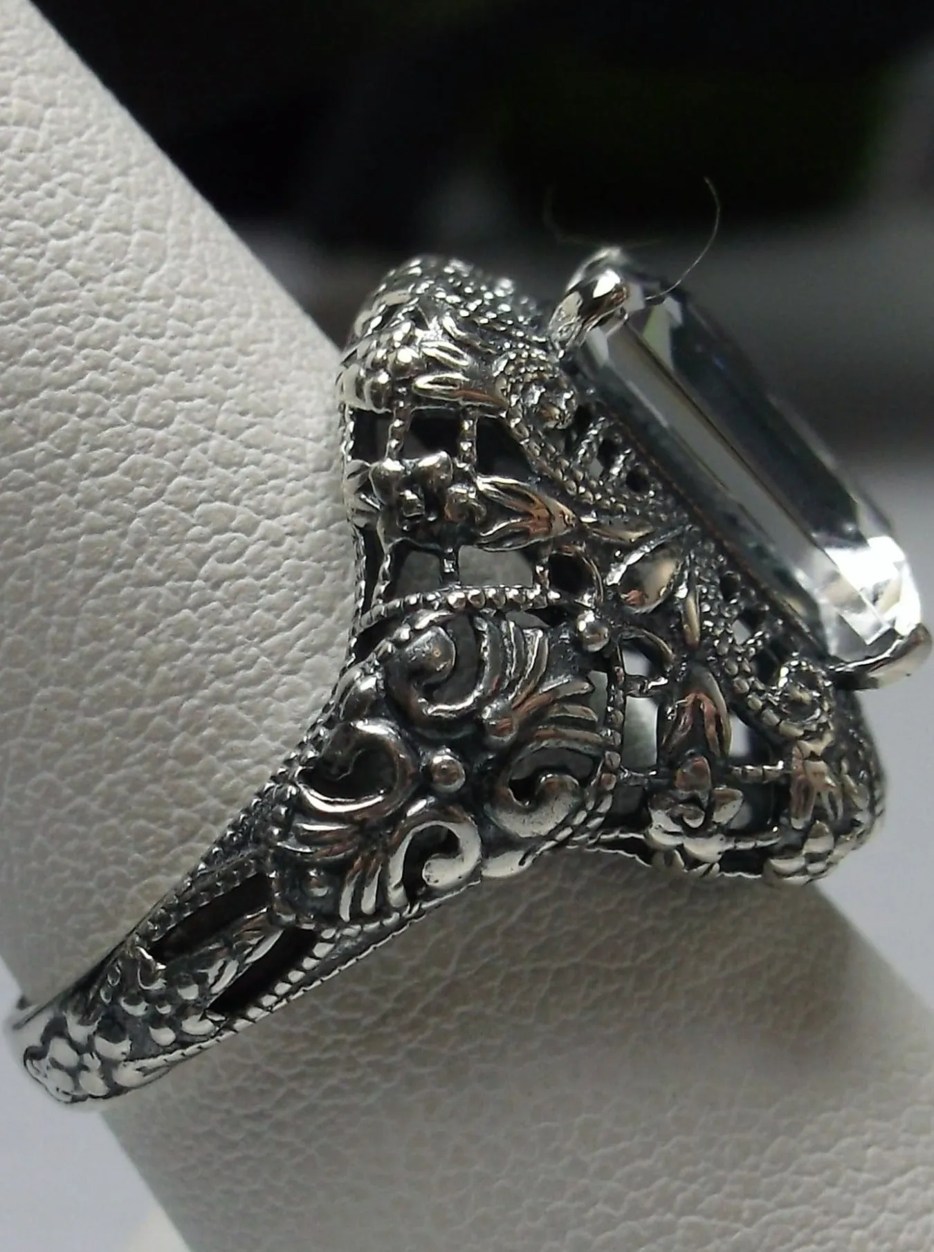 Natural White Topaz Ring, Intricate Victorian Jewelry #D149