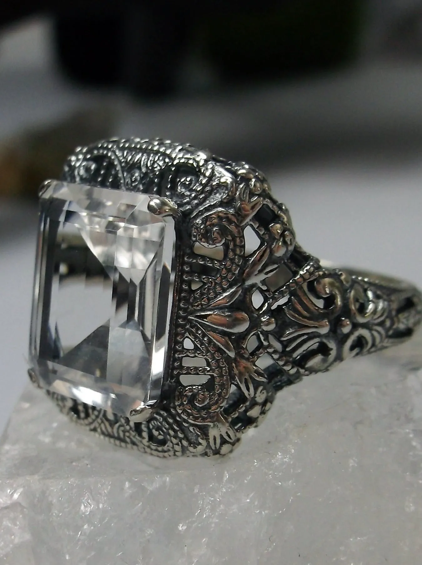 Natural White Topaz Ring, Intricate Victorian Jewelry #D149