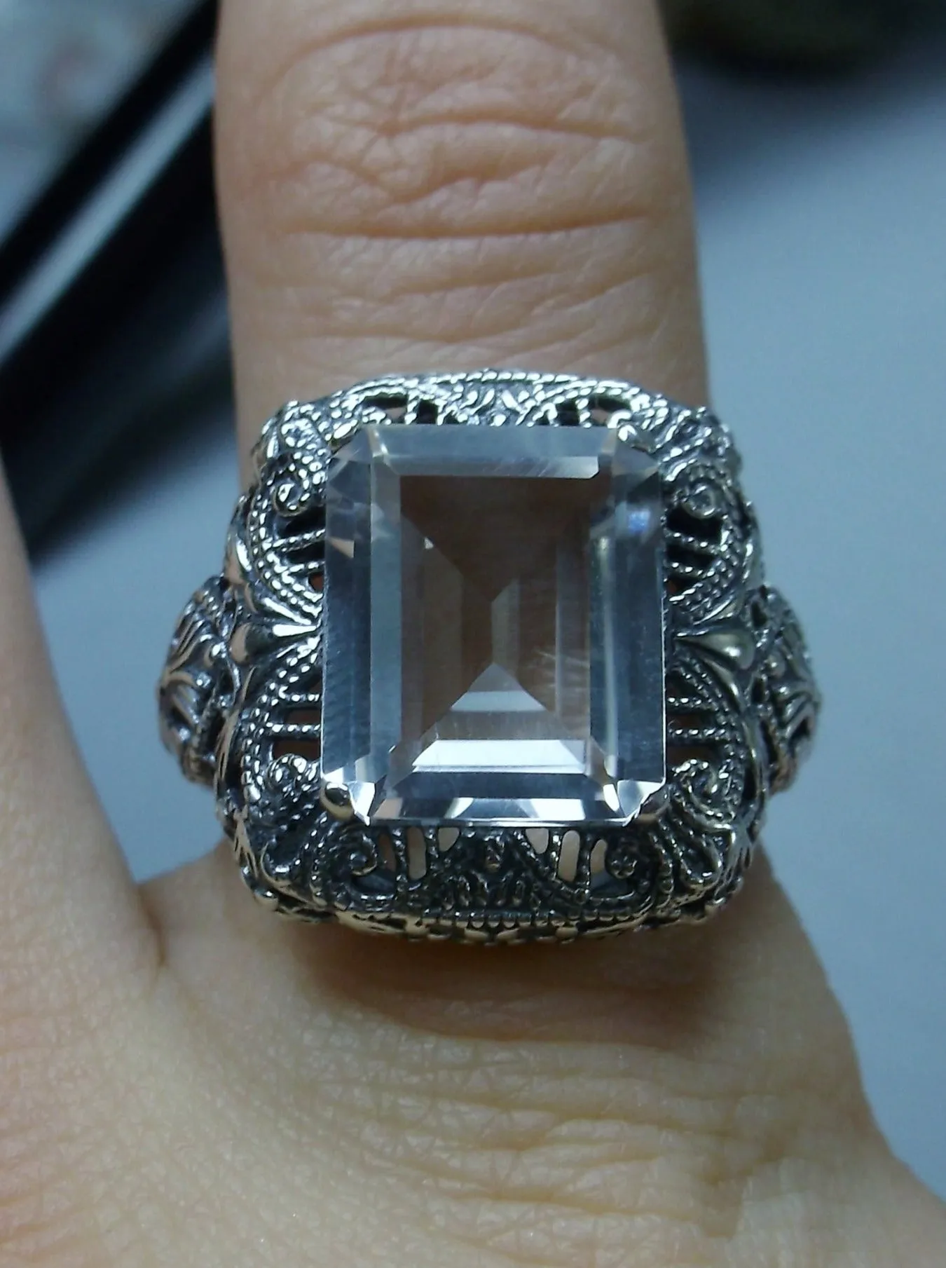Natural White Topaz Ring, Intricate Victorian Jewelry #D149