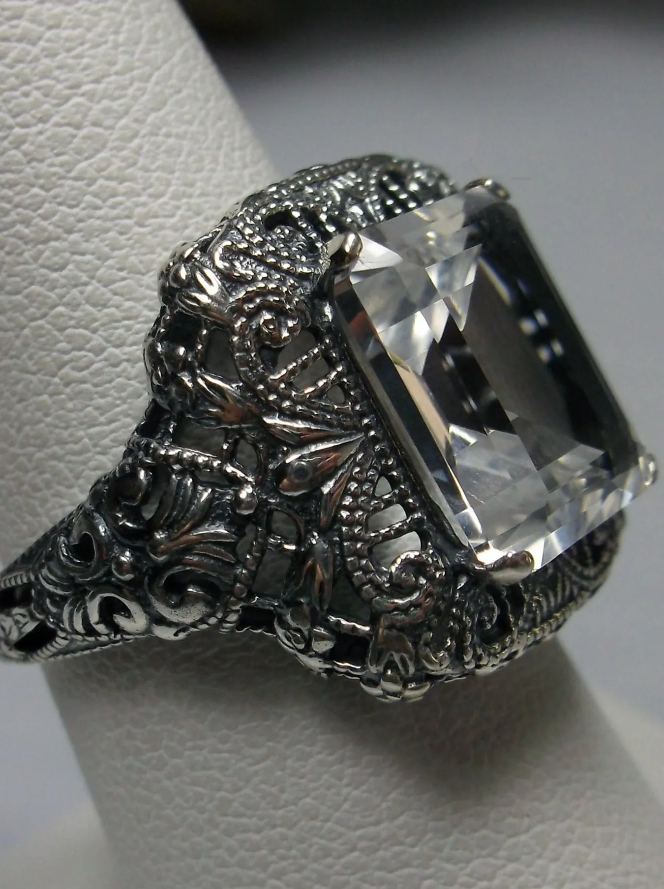 Natural White Topaz Ring, Intricate Victorian Jewelry #D149