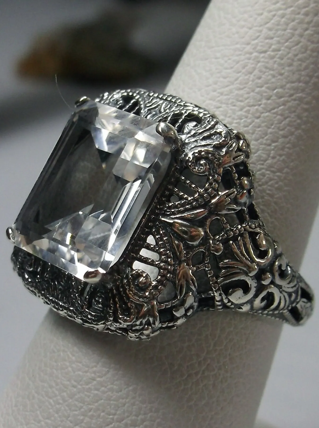 Natural White Topaz Ring, Intricate Victorian Jewelry #D149