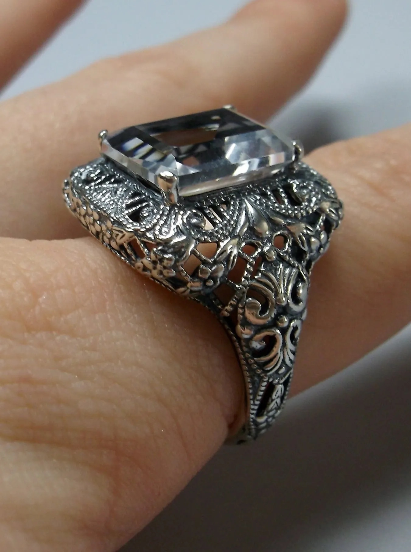 Natural White Topaz Ring, Intricate Victorian Jewelry #D149