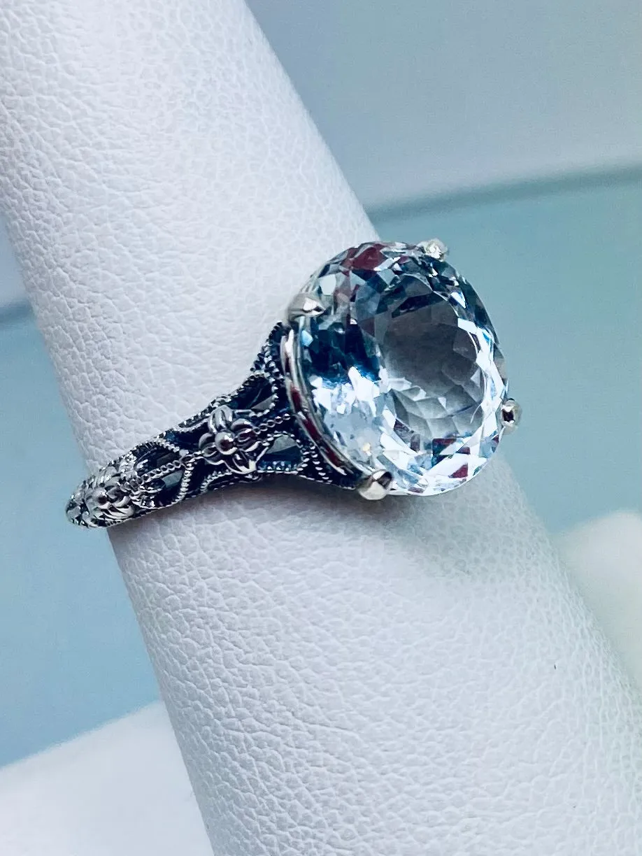 Natural White Topaz Ring, Medieval Floral Filigree, Oval Gem, Vintage Jewelry, D173