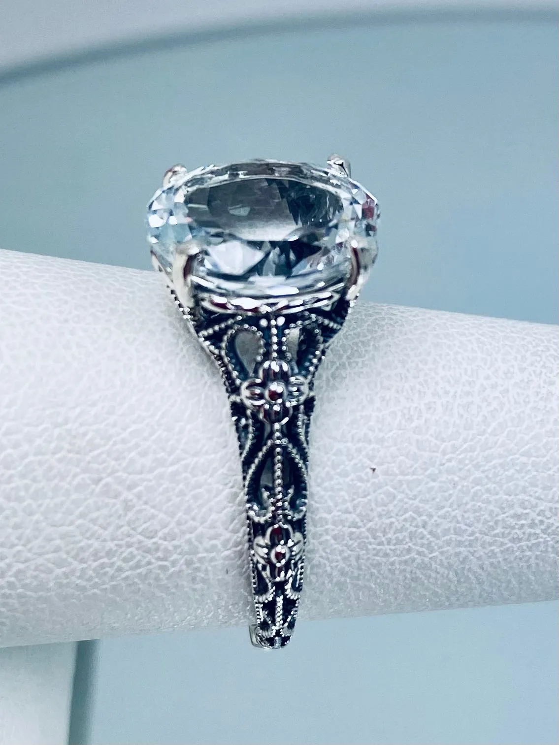 Natural White Topaz Ring, Medieval Floral Filigree, Oval Gem, Vintage Jewelry, D173