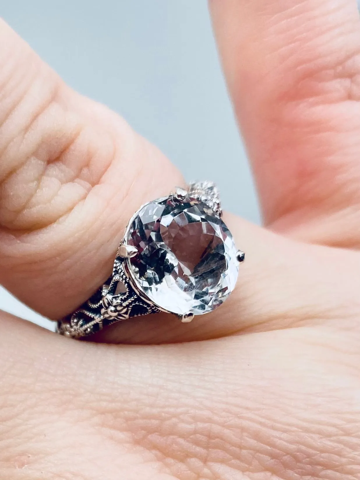Natural White Topaz Ring, Medieval Floral Filigree, Oval Gem, Vintage Jewelry, D173