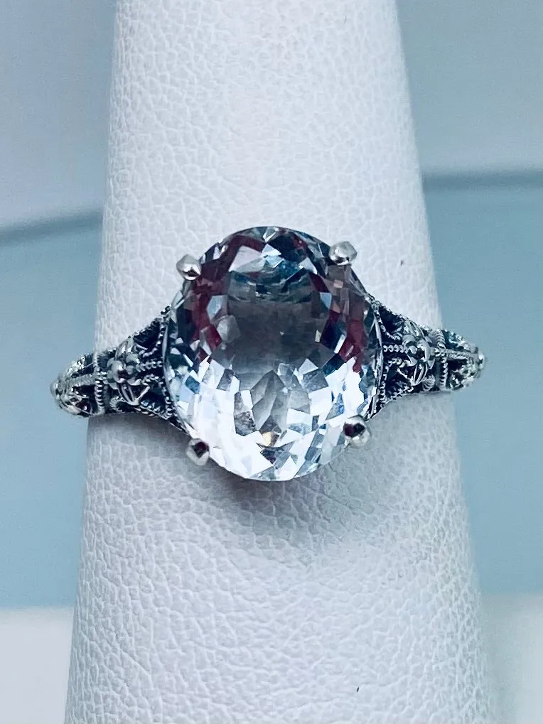 Natural White Topaz Ring, Medieval Floral Filigree, Oval Gem, Vintage Jewelry, D173