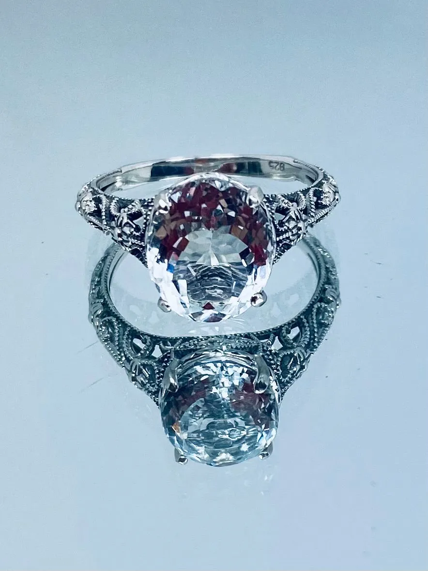 Natural White Topaz Ring, Medieval Floral Filigree, Oval Gem, Vintage Jewelry, D173