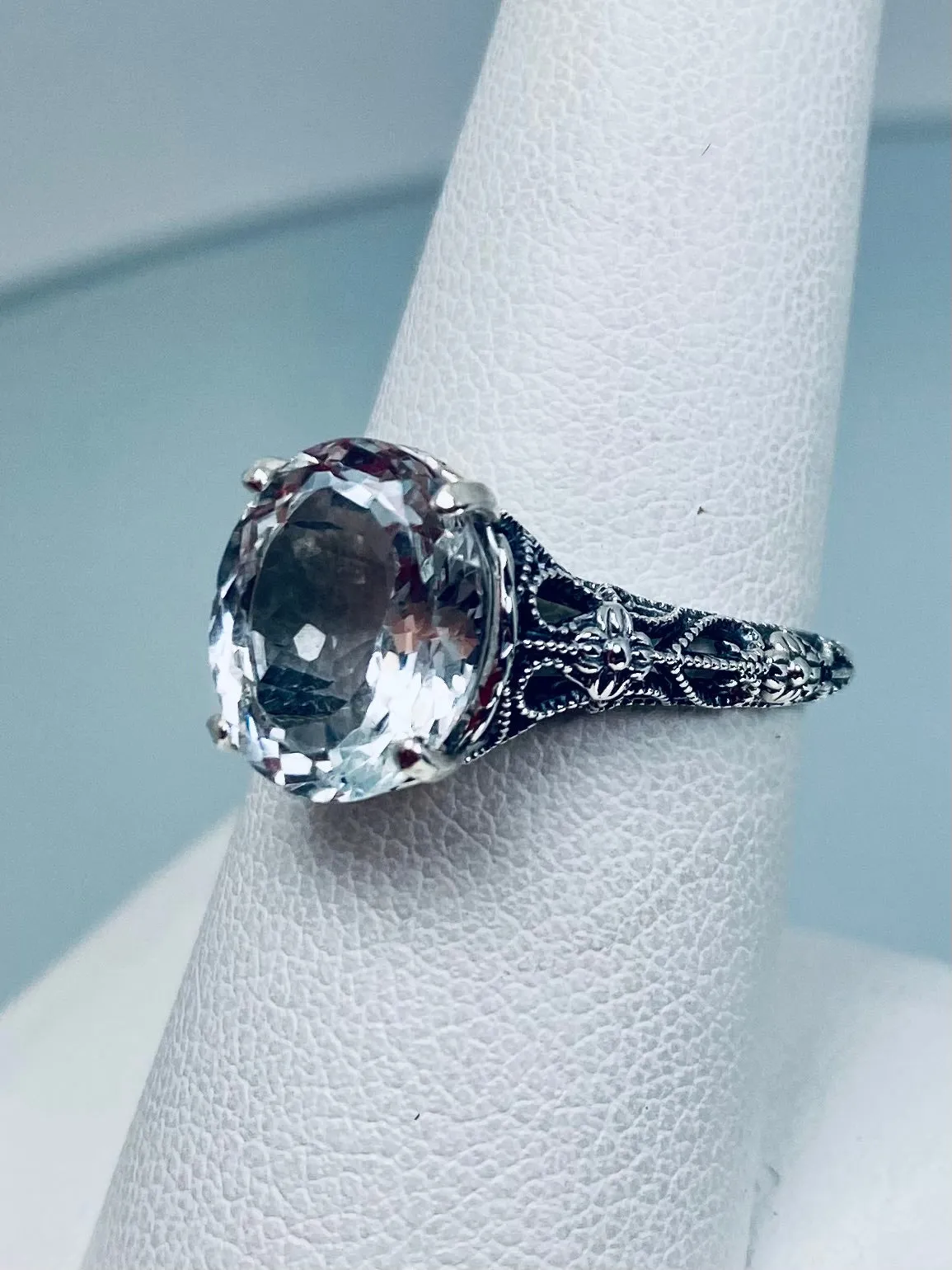 Natural White Topaz Ring, Medieval Floral Filigree, Oval Gem, Vintage Jewelry, D173