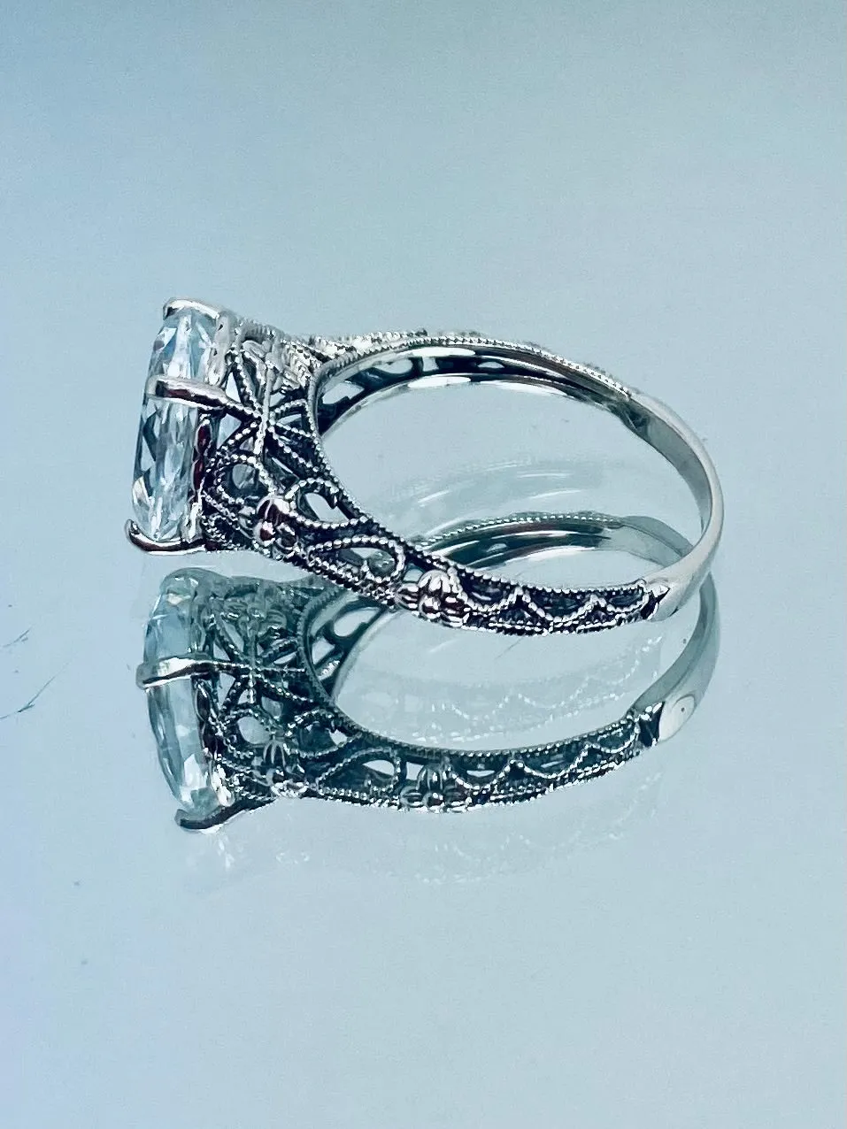 Natural White Topaz Ring, Medieval Floral Filigree, Oval Gem, Vintage Jewelry, D173