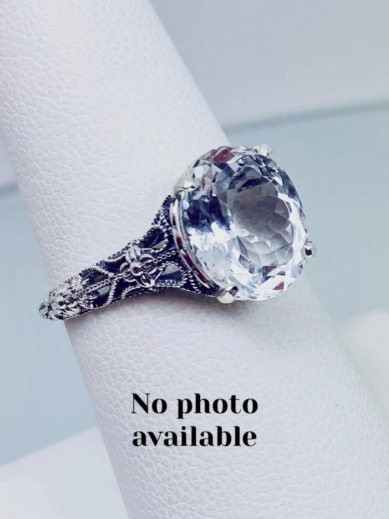 Natural White Topaz Ring, Medieval Floral Filigree, Oval Gem, Vintage Jewelry, D173