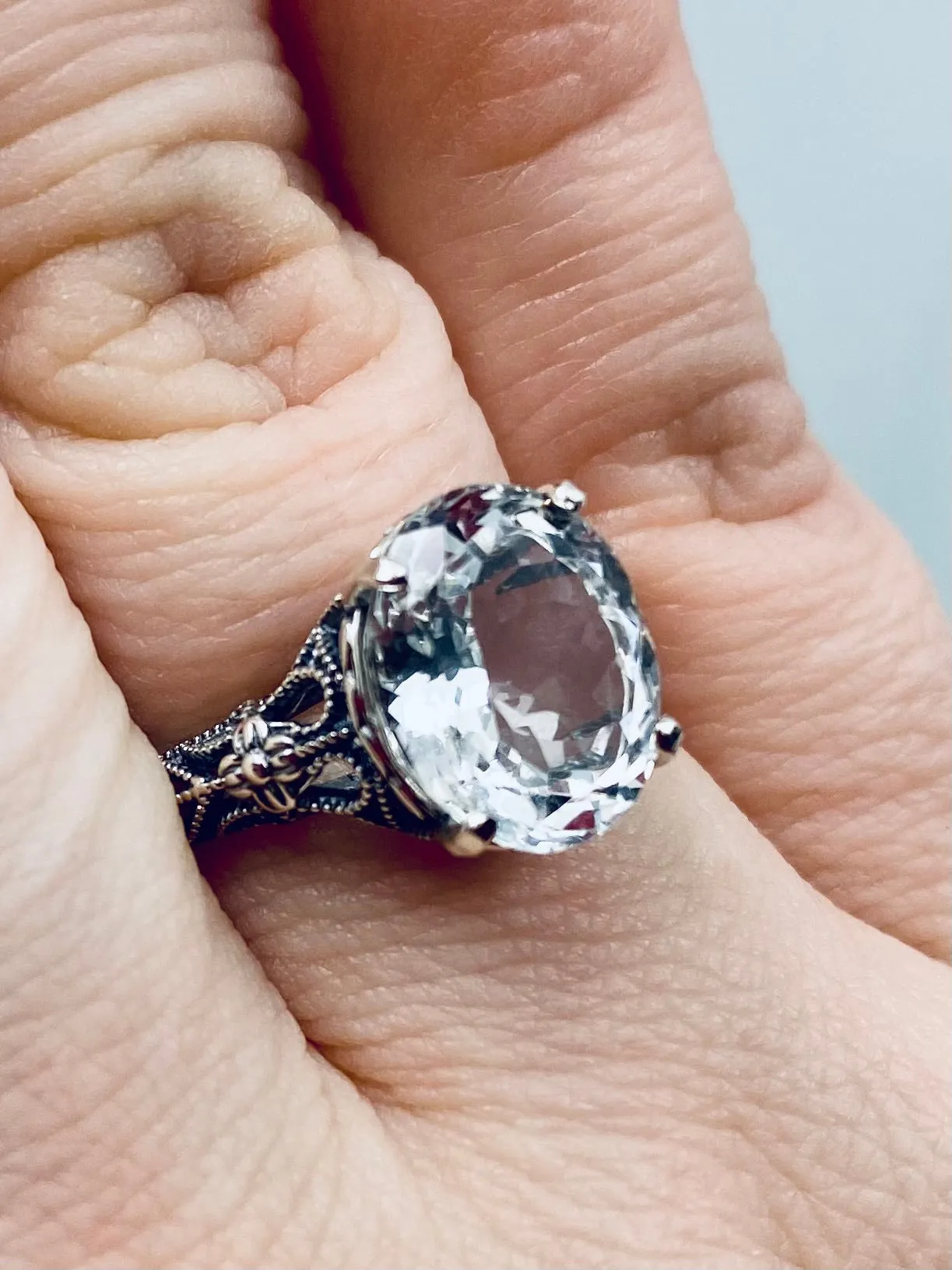 Natural White Topaz Ring, Medieval Floral Filigree, Oval Gem, Vintage Jewelry, D173