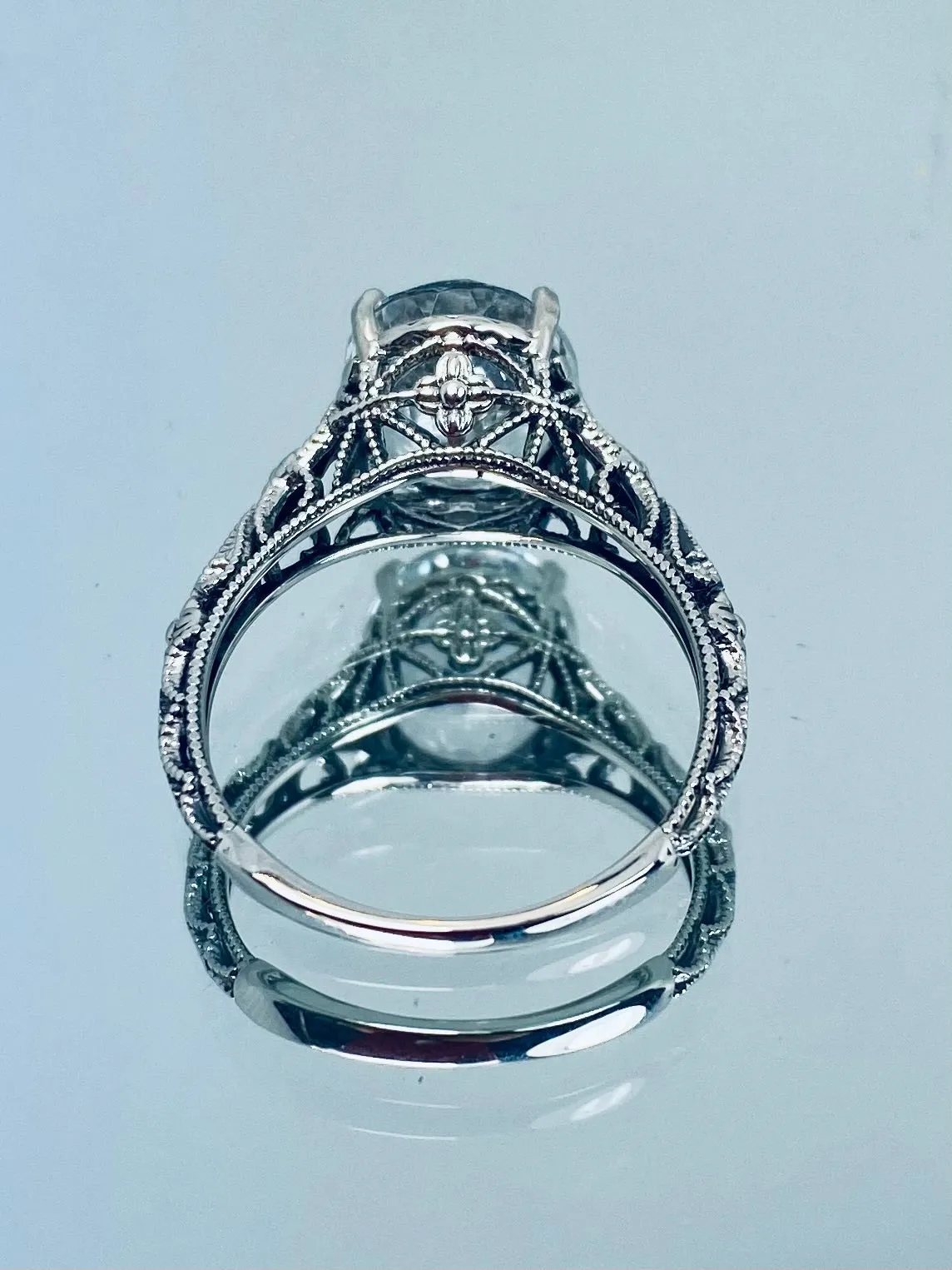 Natural White Topaz Ring, Medieval Floral Filigree, Oval Gem, Vintage Jewelry, D173