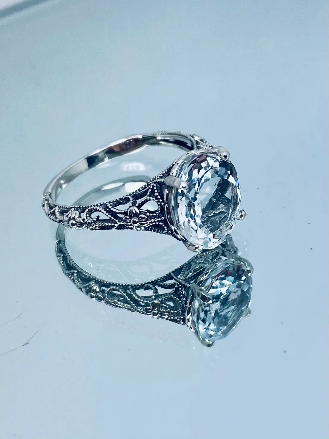 Natural White Topaz Ring, Medieval Floral Filigree, Oval Gem, Vintage Jewelry, D173