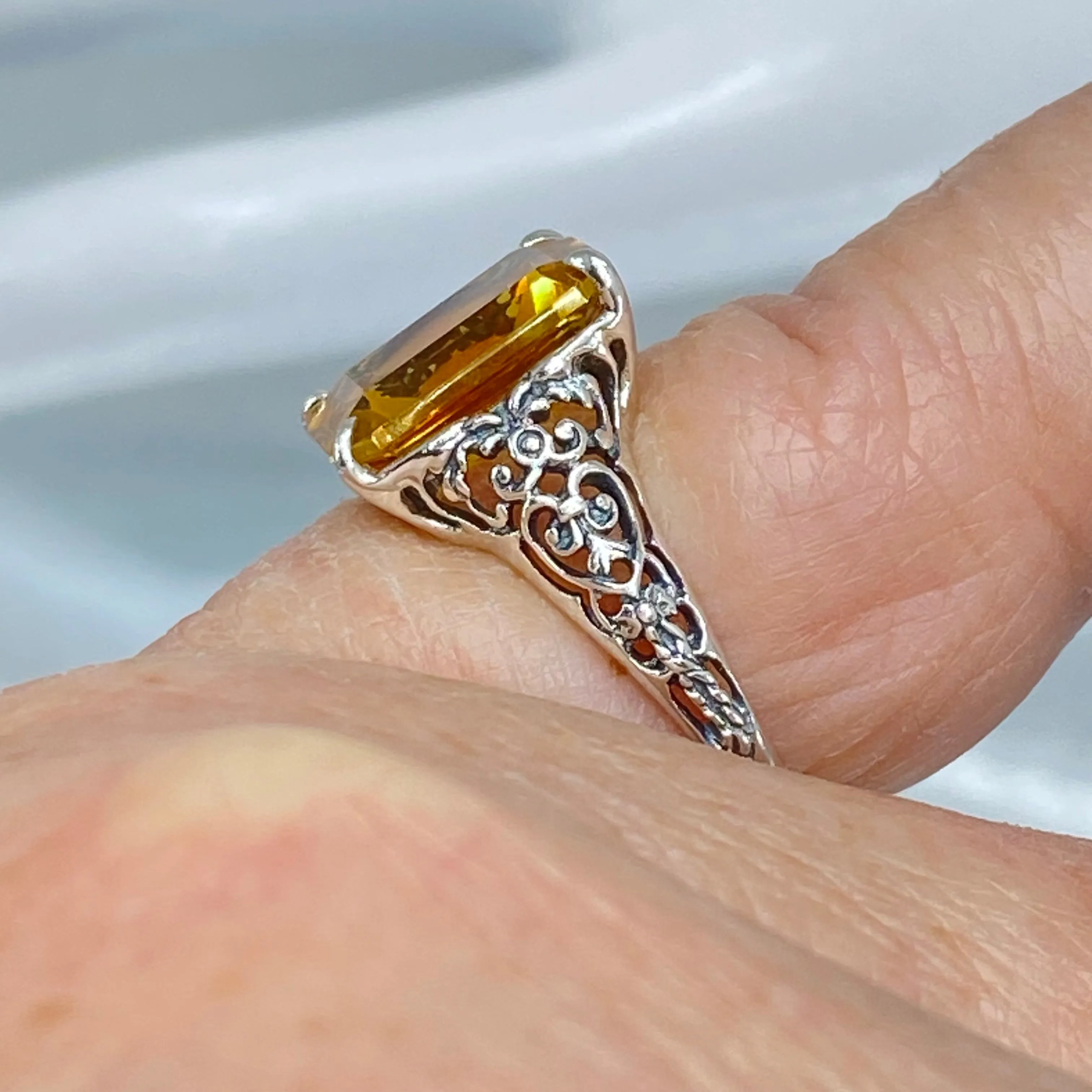Natural Yellow Citrine Ring, Size 7, 5ct Rectangle Gem, Vintage Jewelry #D18 - Ready to Ship