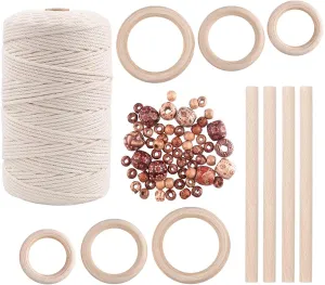 New Macrame Kit for Starter, YEESON 3mm Macrame Cord with 6 Wood Rings, 60pcs Wooden Beads, 4 Wooden Sticks for Macrame Plant Hanger, Macrame Wall Hanging, Knitting, DIY Crafts