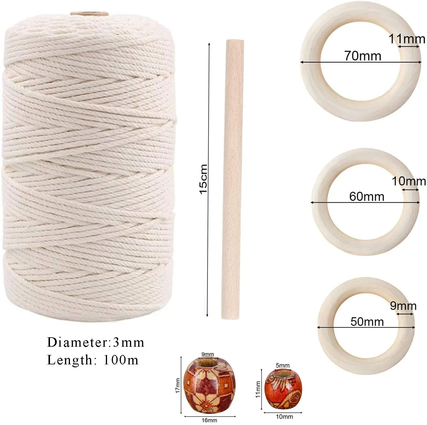 New Macrame Kit for Starter, YEESON 3mm Macrame Cord with 6 Wood Rings, 60pcs Wooden Beads, 4 Wooden Sticks for Macrame Plant Hanger, Macrame Wall Hanging, Knitting, DIY Crafts