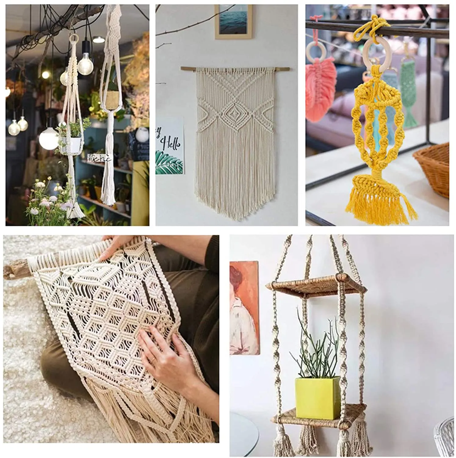 New Macrame Kit for Starter, YEESON 3mm Macrame Cord with 6 Wood Rings, 60pcs Wooden Beads, 4 Wooden Sticks for Macrame Plant Hanger, Macrame Wall Hanging, Knitting, DIY Crafts