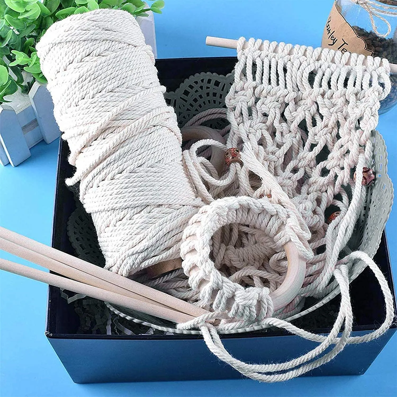 New Macrame Kit for Starter, YEESON 3mm Macrame Cord with 6 Wood Rings, 60pcs Wooden Beads, 4 Wooden Sticks for Macrame Plant Hanger, Macrame Wall Hanging, Knitting, DIY Crafts