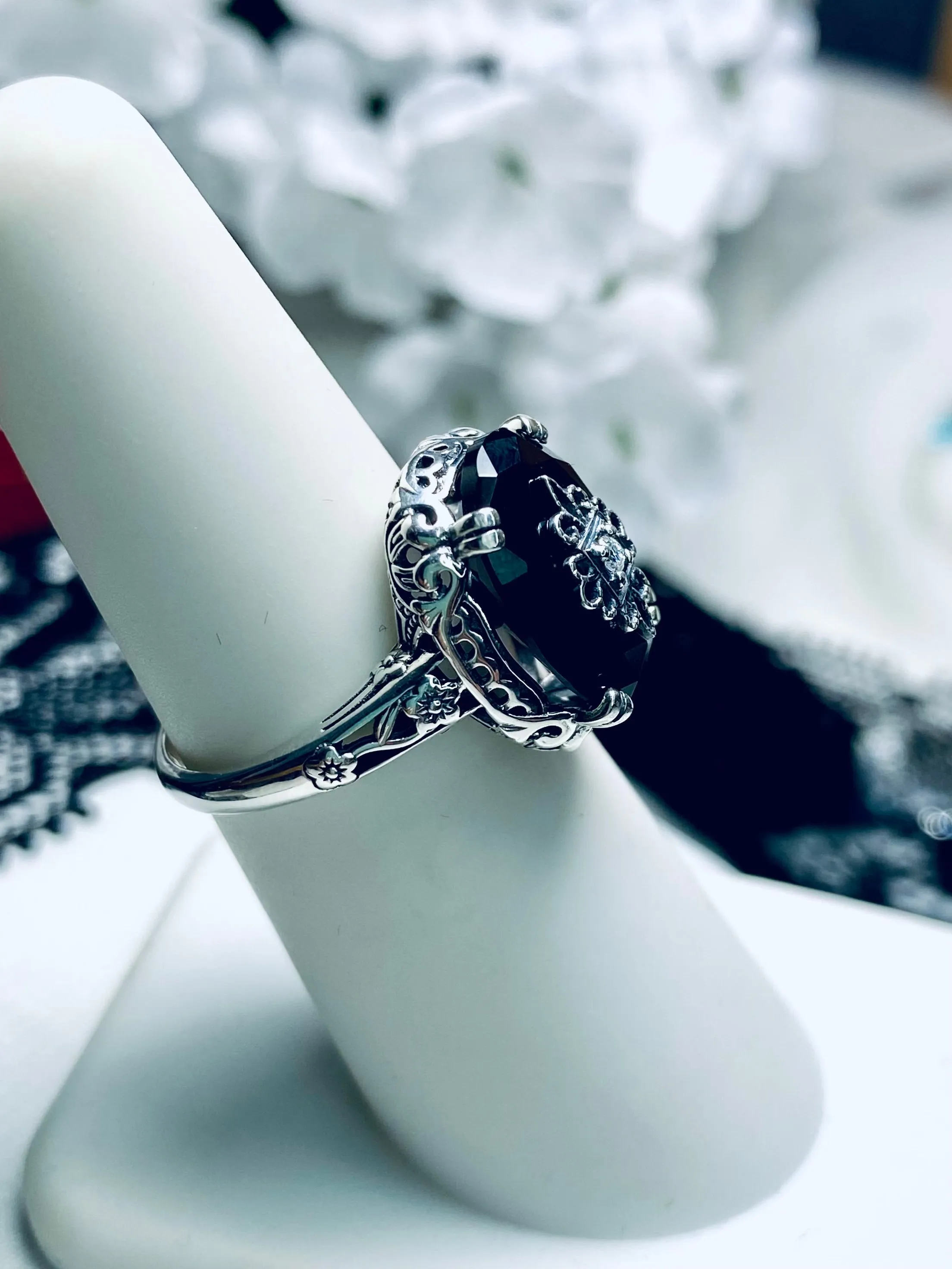 Onyx Ring, Sterling Silver Embellishment, Edwardian Jewelry #D70e