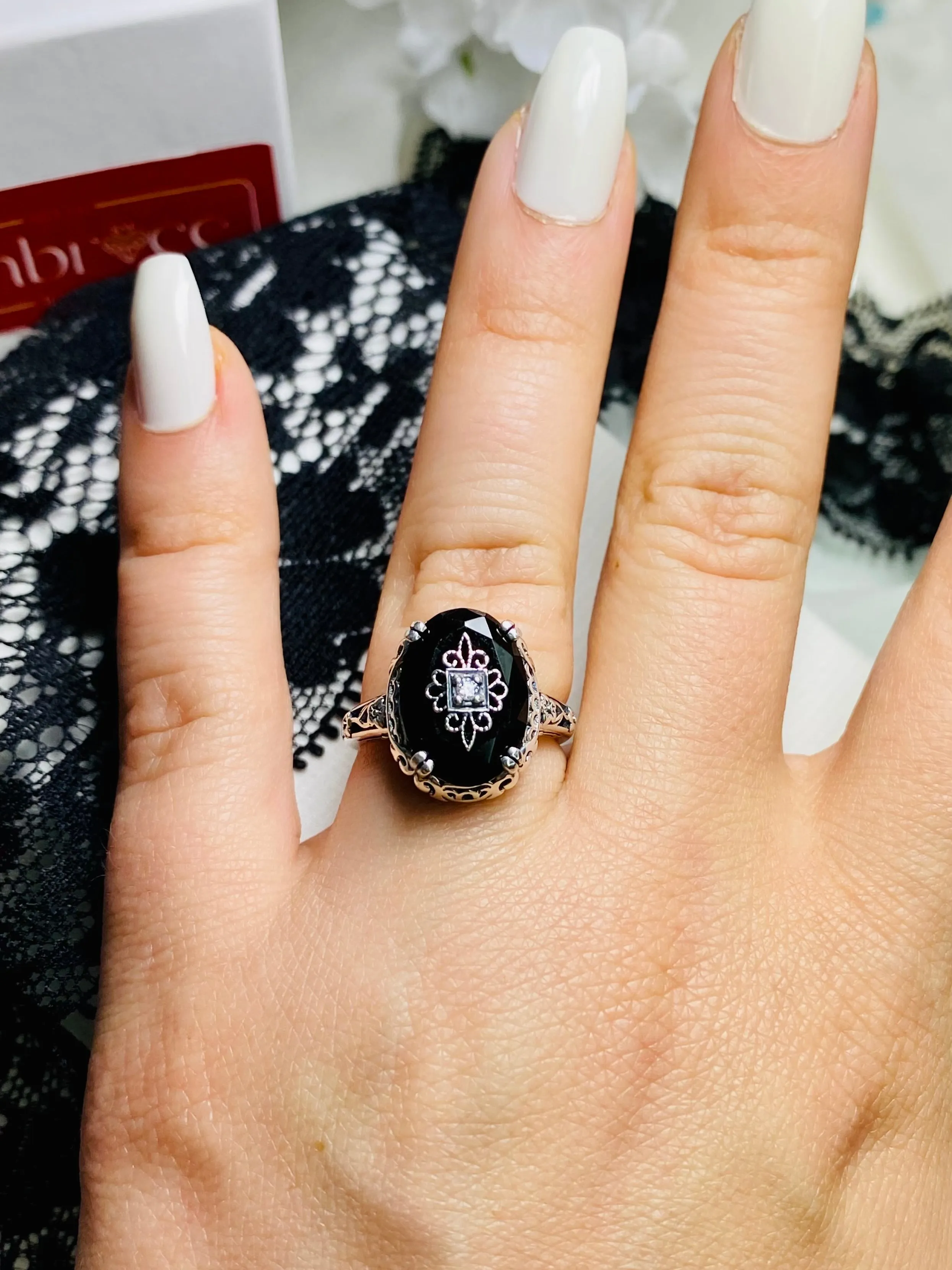 Onyx Ring, Sterling Silver Embellishment, Edwardian Jewelry #D70e